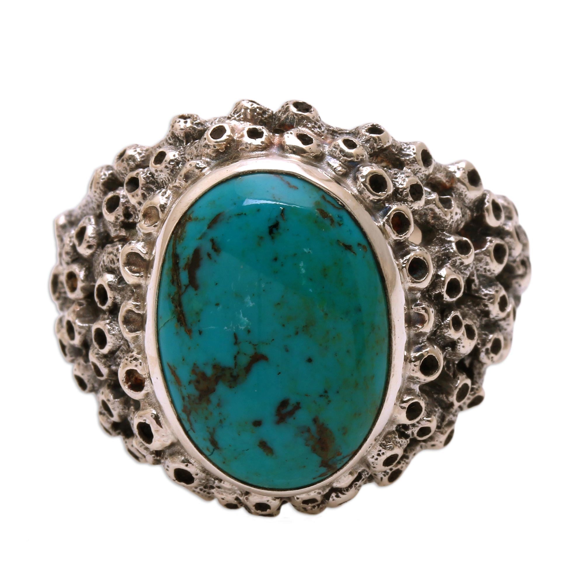 Premium Living Coral Men's Sterling Silver Ring with Turquoise