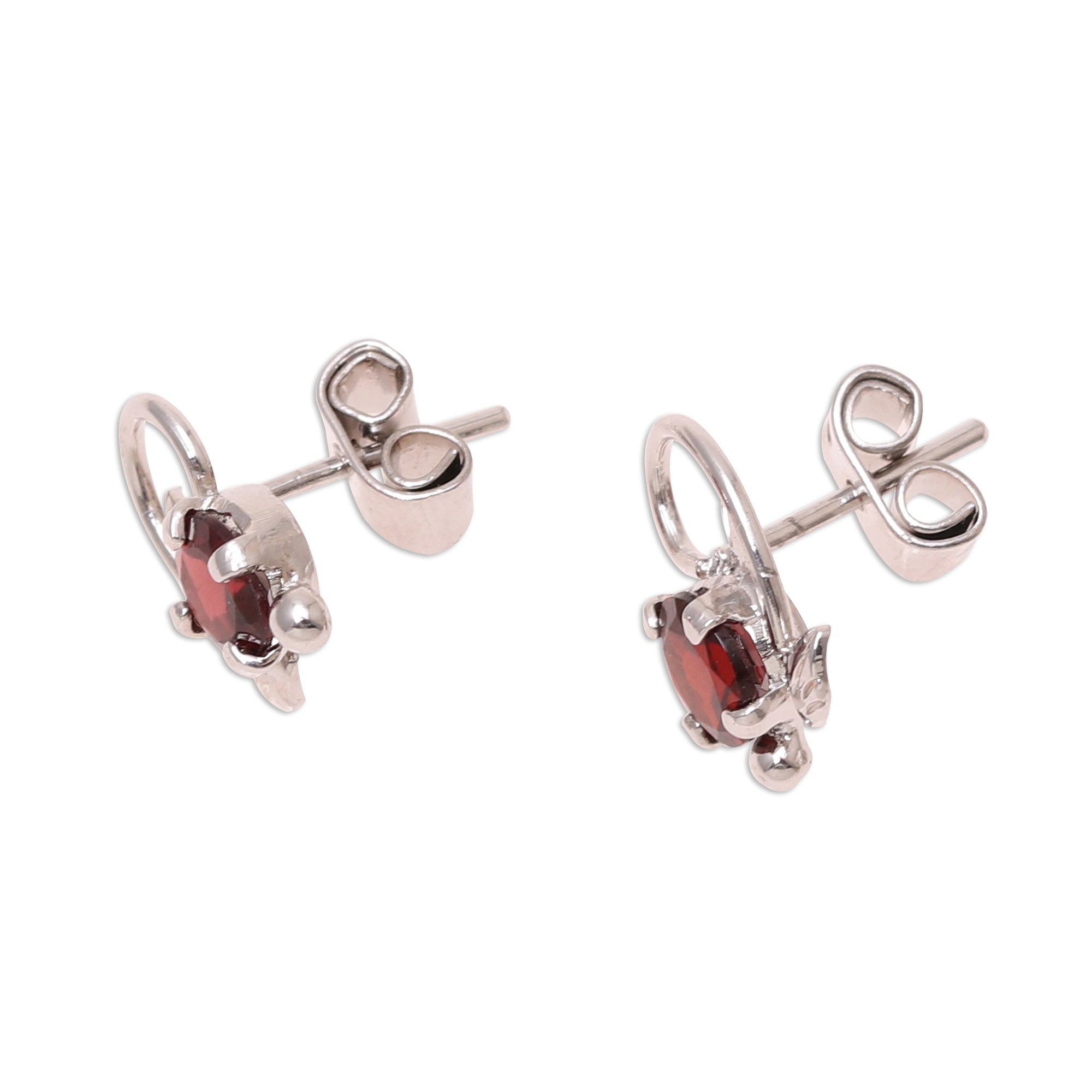 Premium Rhodium-Plated Garnet Stud Earrings - Handcrafted Elegance from India