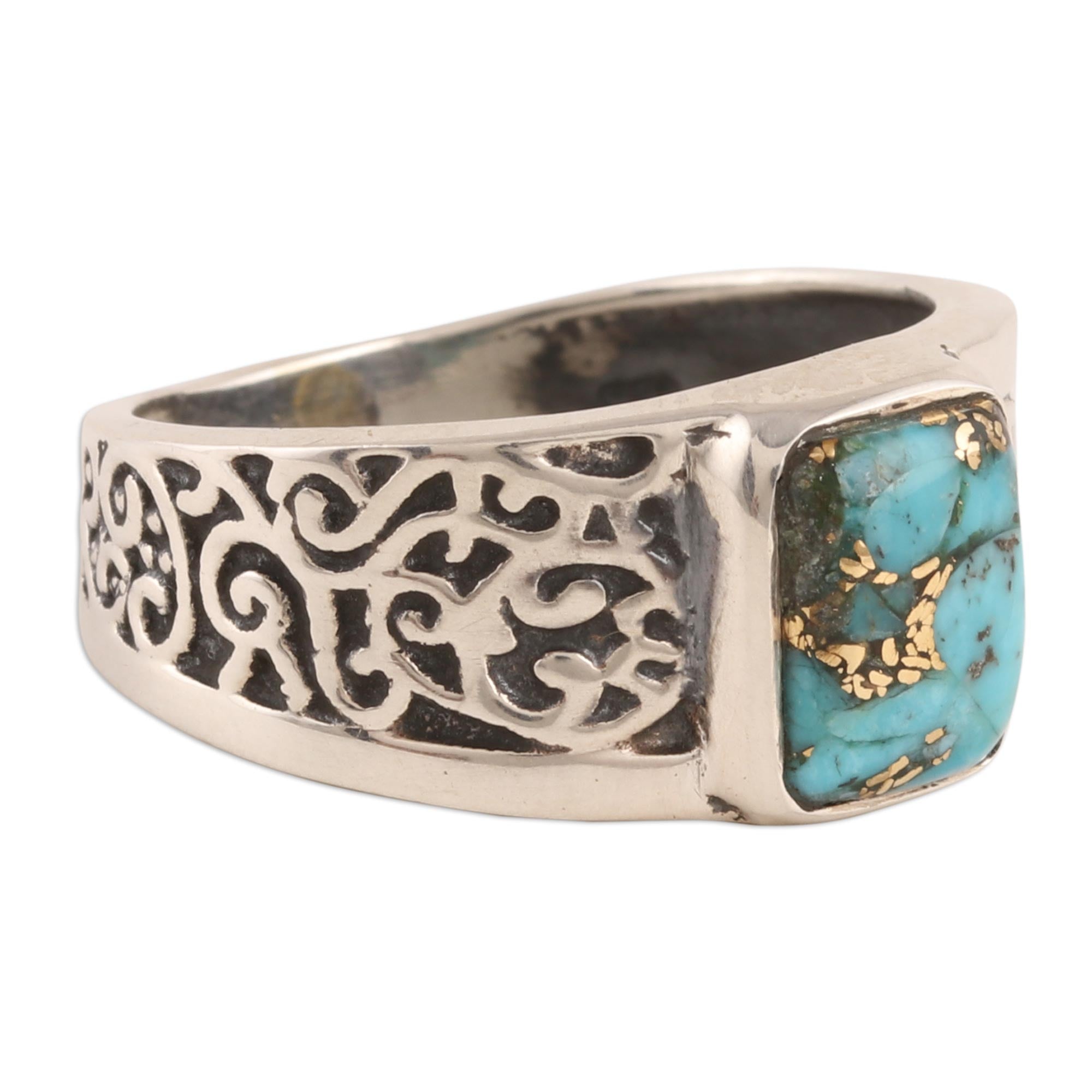 Premium Bold Vine Men's Sterling Silver Turquoise Band Ring - Ultimate Style Statement