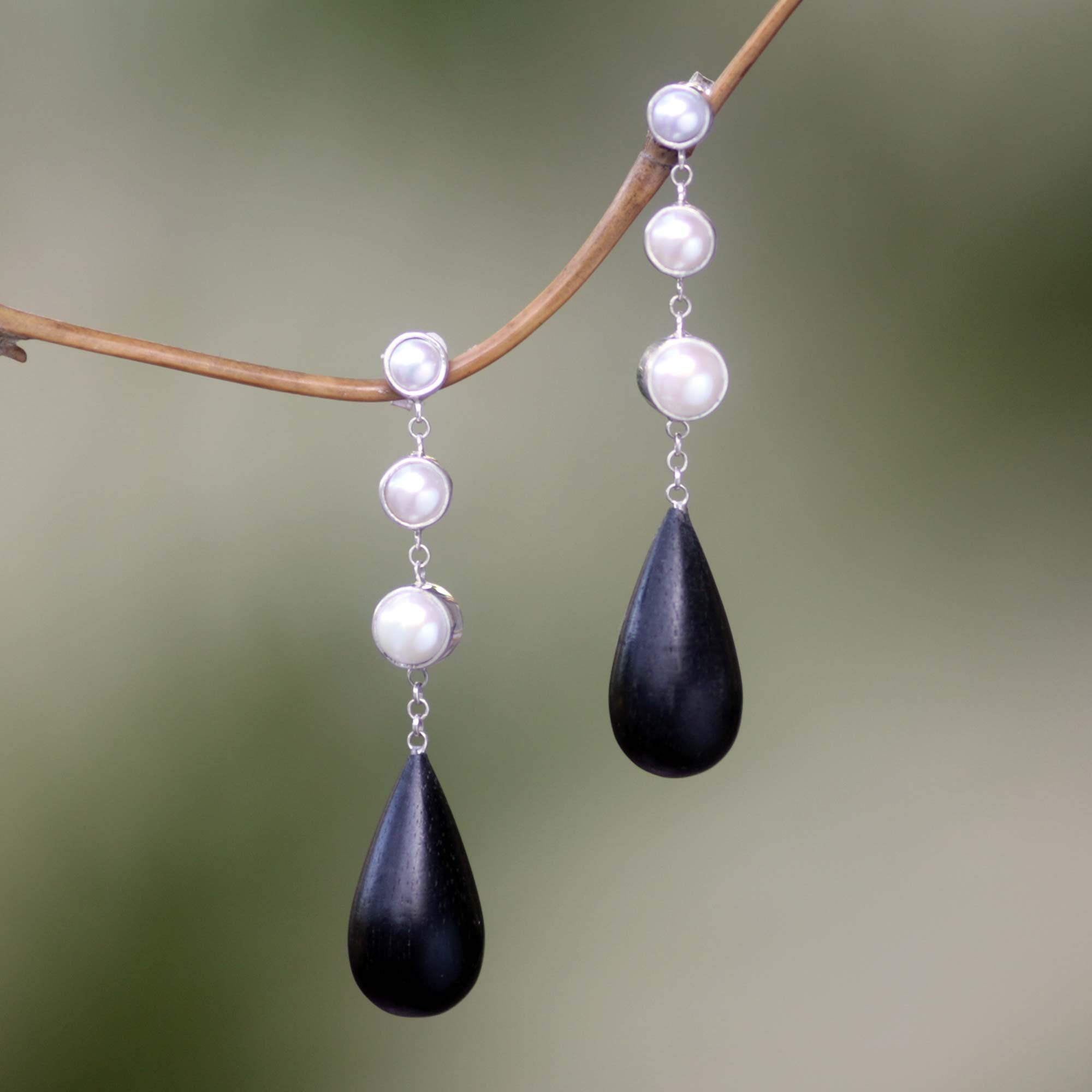 Premium Night Tear Pearl Silver & Wood Dangle Earrings - Handcrafted Elegance