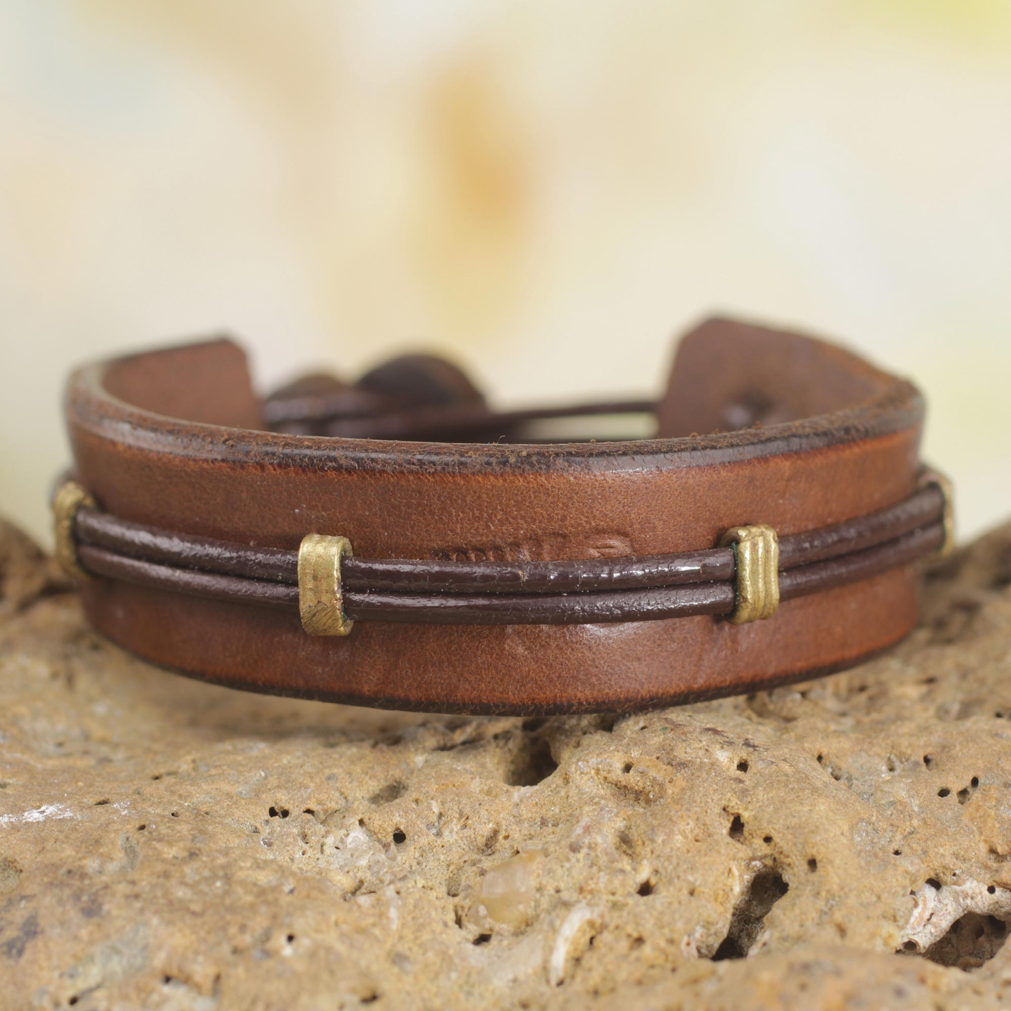 Premium Handcrafted Leather Wristband Bracelet for Men - Brown with Brass Accents