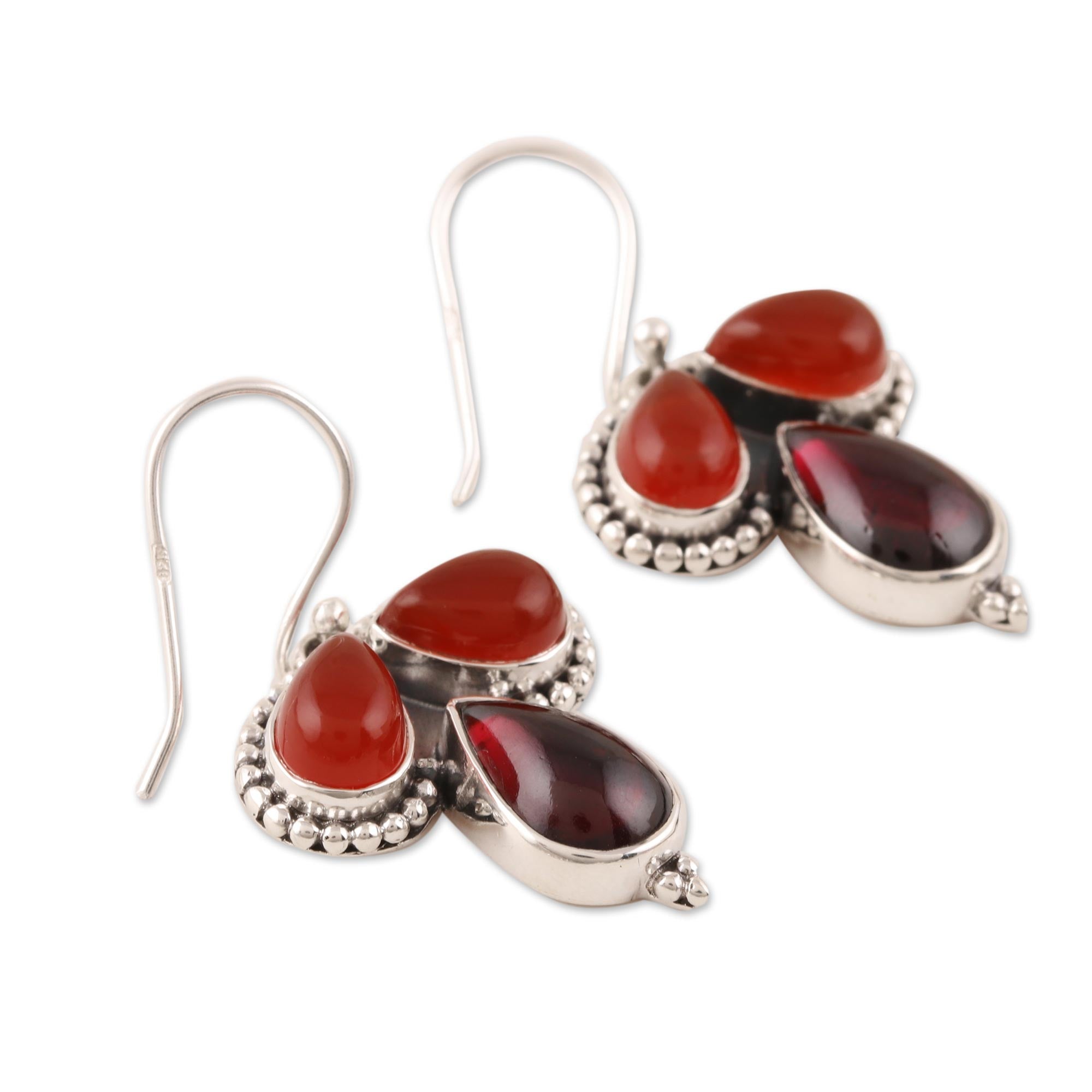 Premium Trio Teardrop Carnelian & Garnet Dangle Earrings - Handcrafted in India