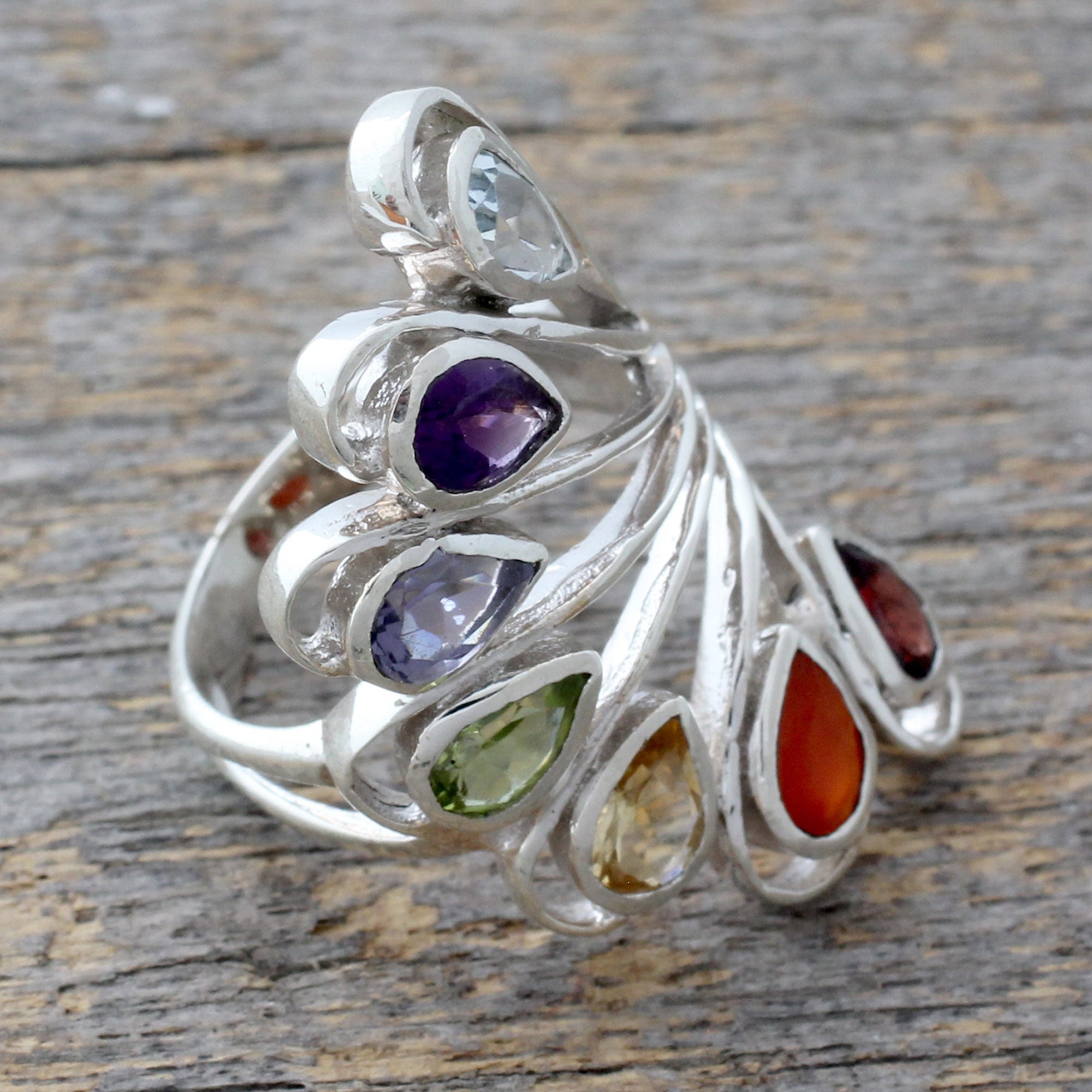 Premium Chakra Harmony Multi-Gemstone Silver Ring - Ultimate Spiritual Jewelry from India