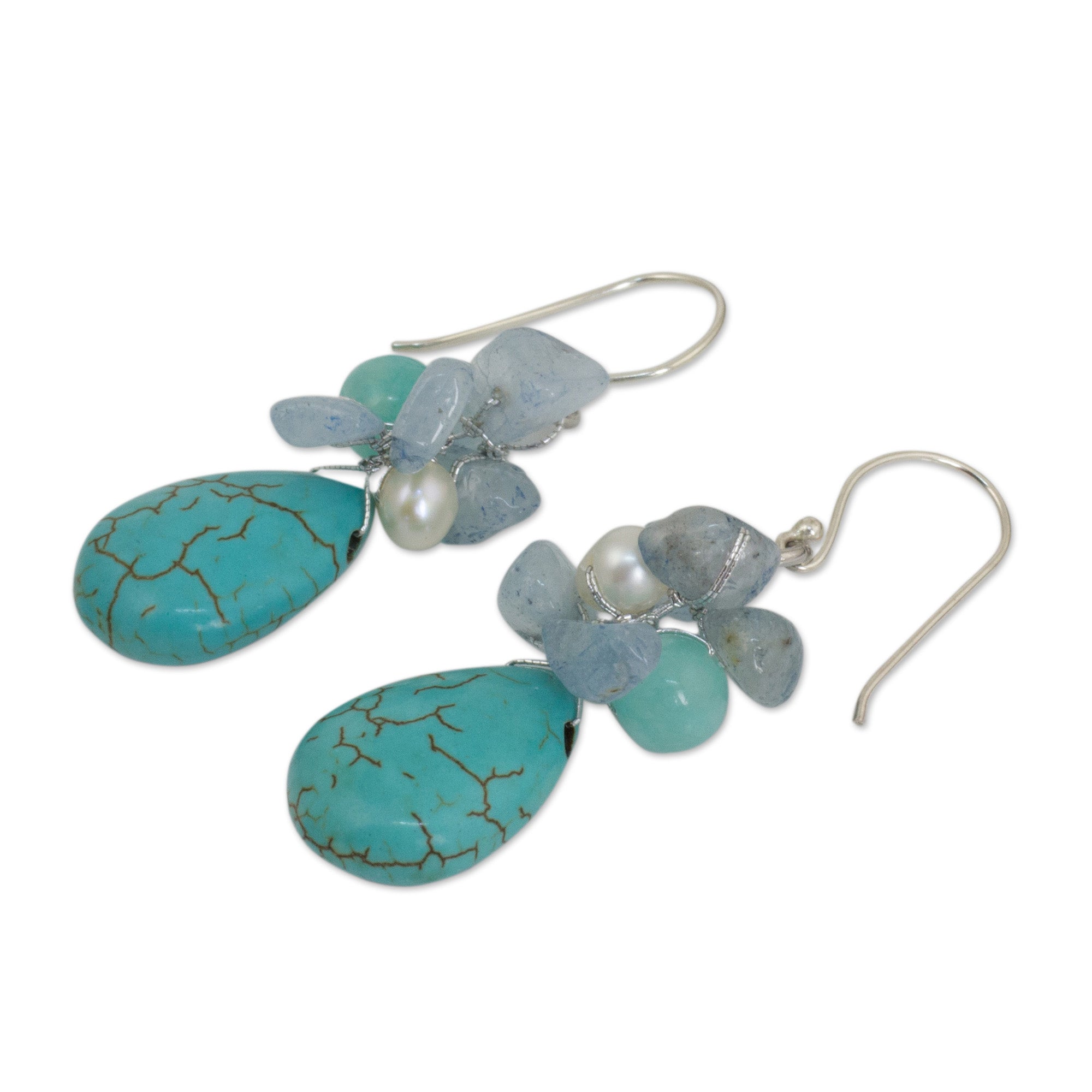 Premium Handmade Pearl & Aquamarine Blue Calcite Earrings – Thailand Artisan Craft