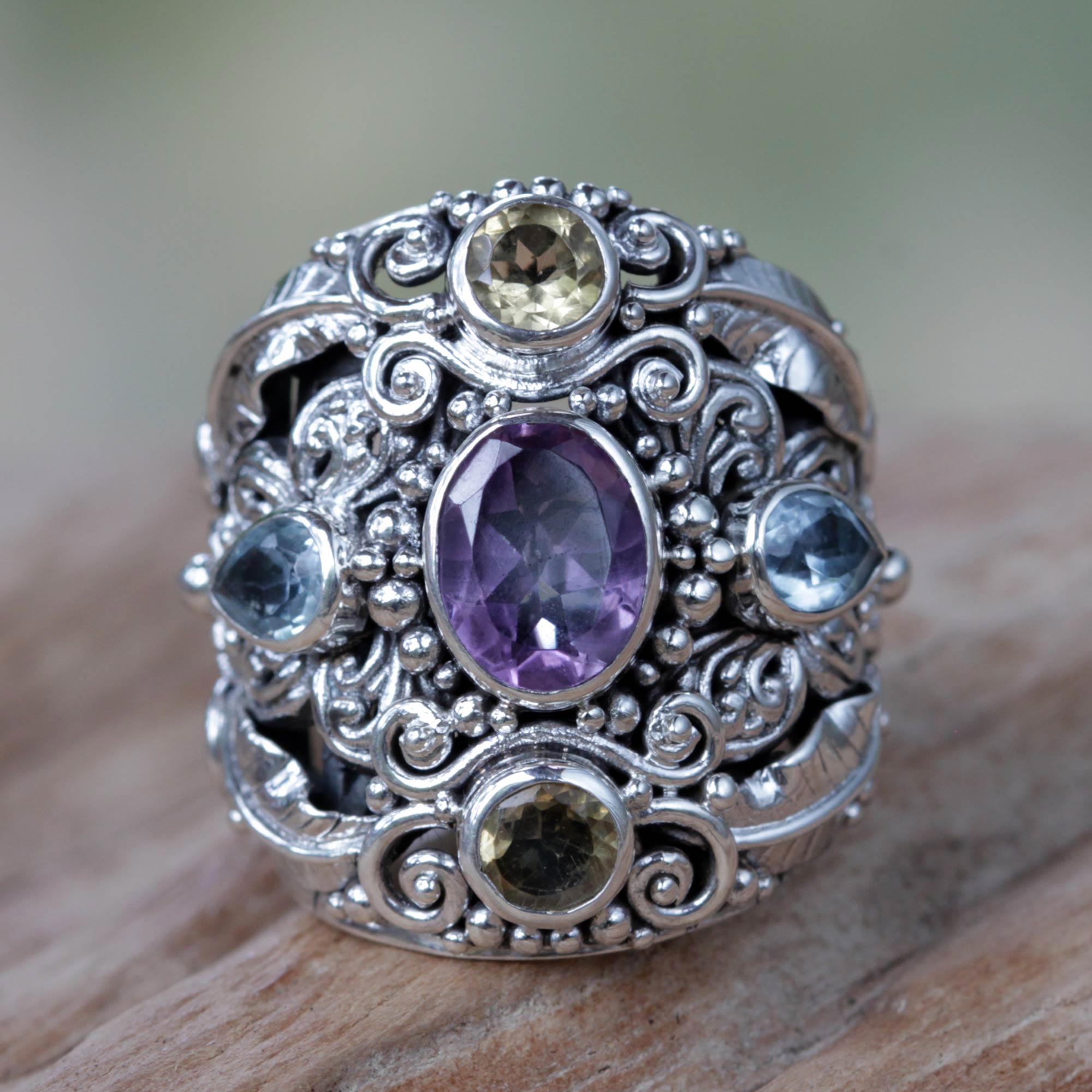 Premium Butterfly Queen Cocktail Ring: Amethyst & Blue Topaz Sterling Silver Design