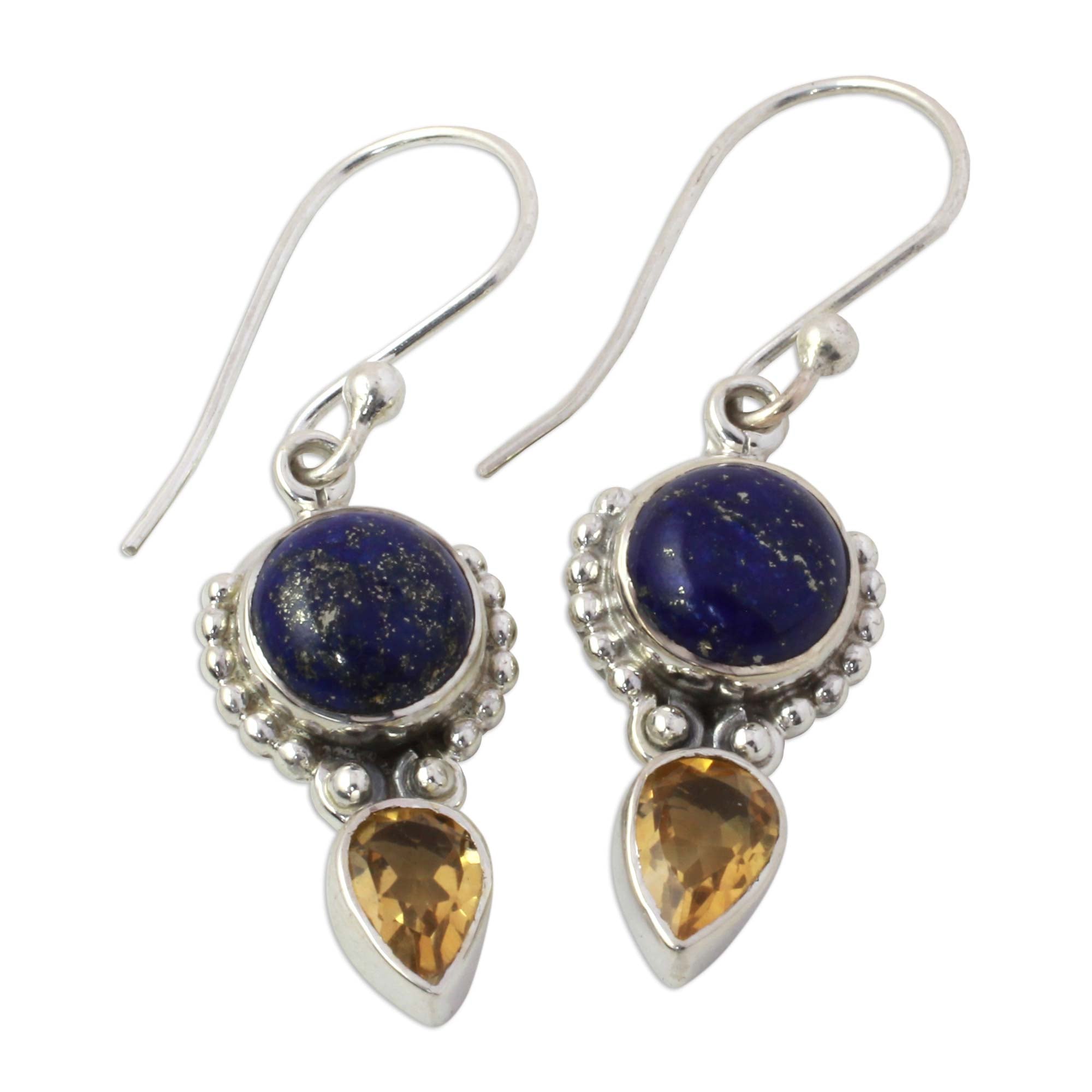 Premium Indian Dew Citrine & Lapis Lazuli Dangle Earrings - Handcrafted Sterling Silver