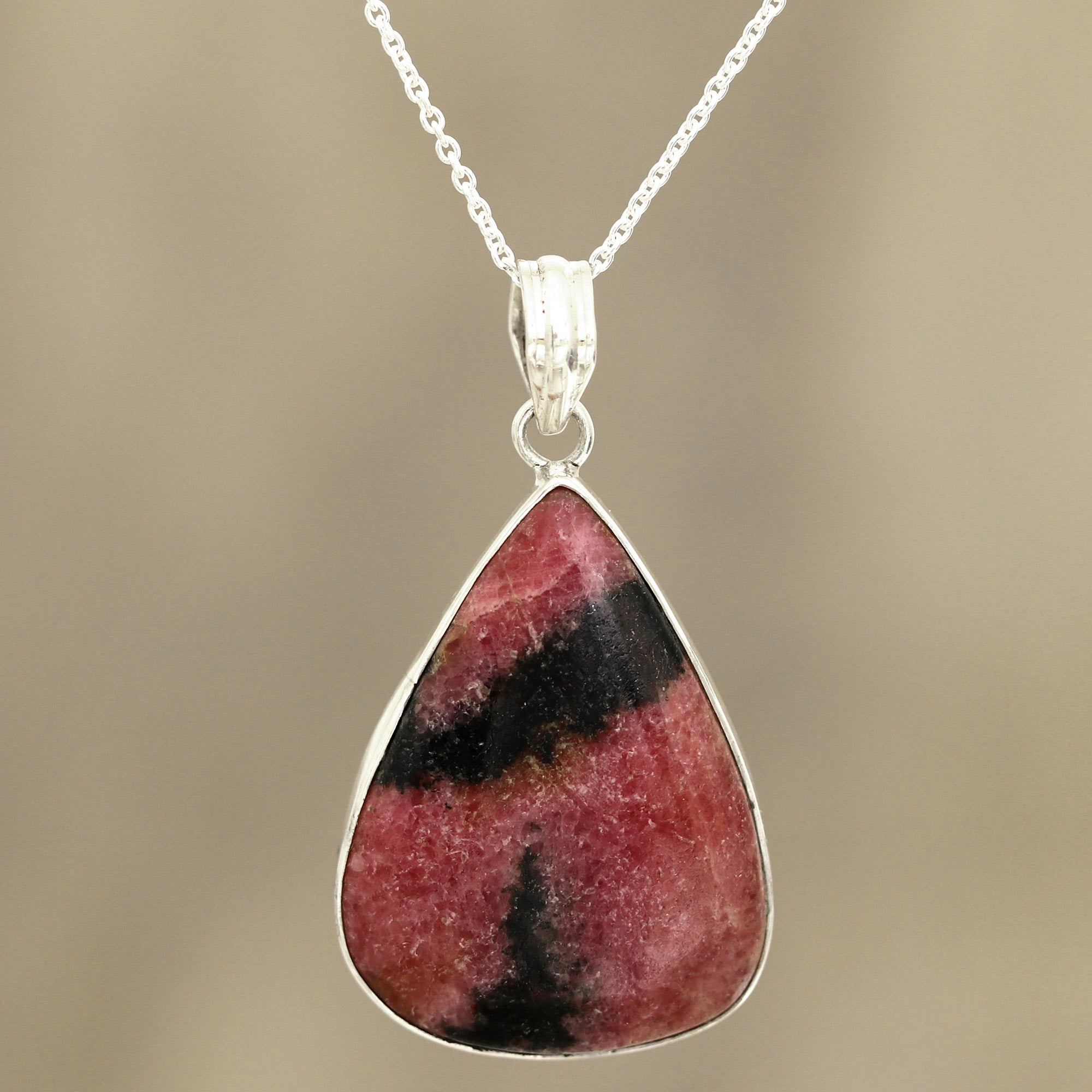 Premium Calming Earth Rhodonite Pendant Necklace - Handcrafted in India