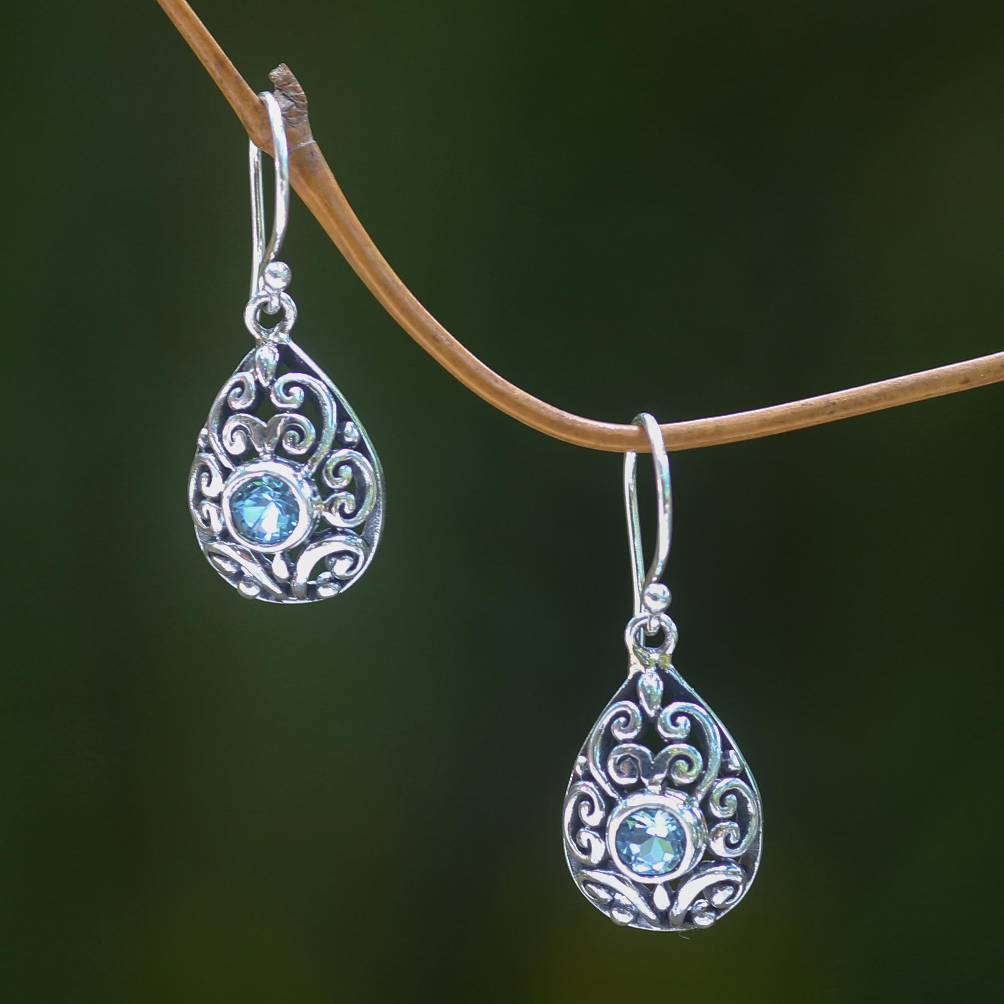 Premium Blue Topaz & Silver Balinese Scarab Earrings - Handmade Elegance