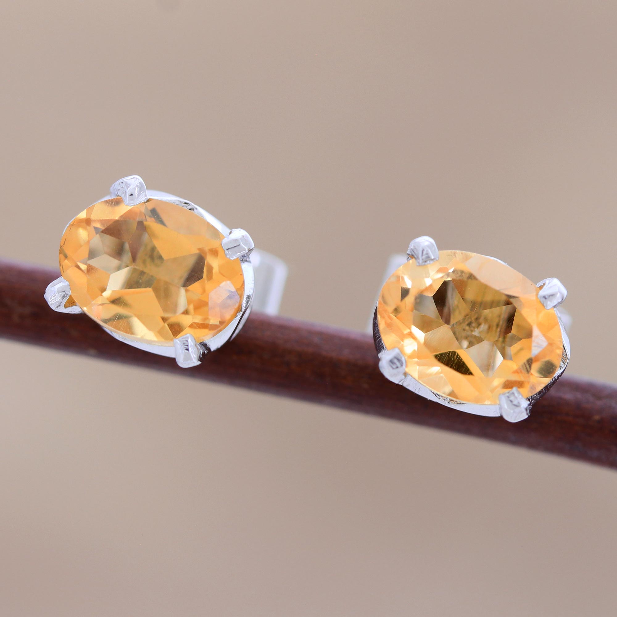 Premium Citrine Birthstone Stud Earrings - Handcrafted in India