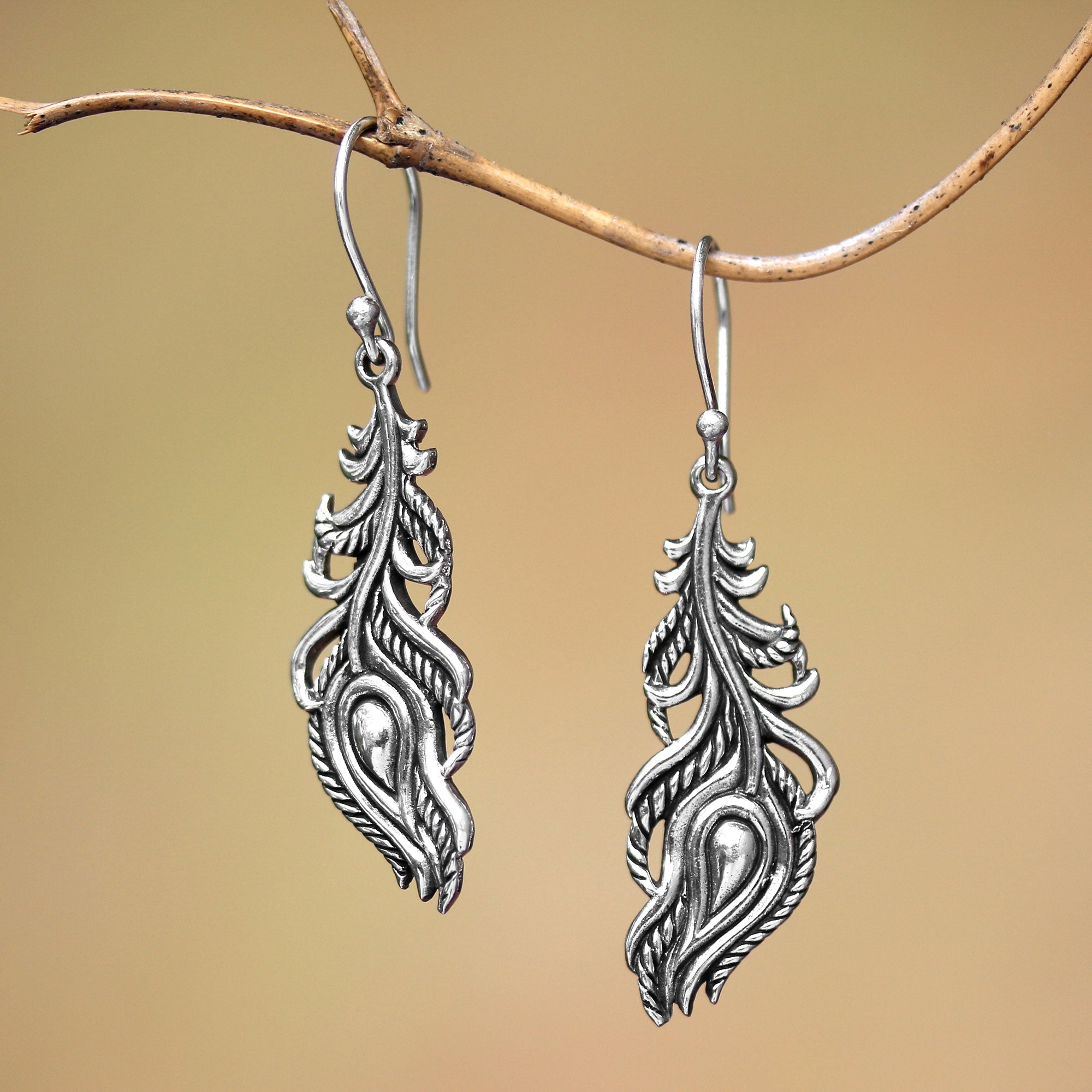 Premium Sterling Silver Peacock Feather Dangle Earrings - Bali Inspired Luck & Elegance