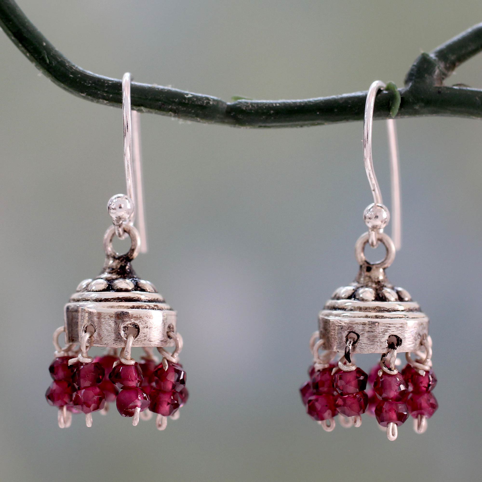 Premium Traditional Grace Garnet & Silver Jhumki Chandelier Earrings | Handcrafted Elegance