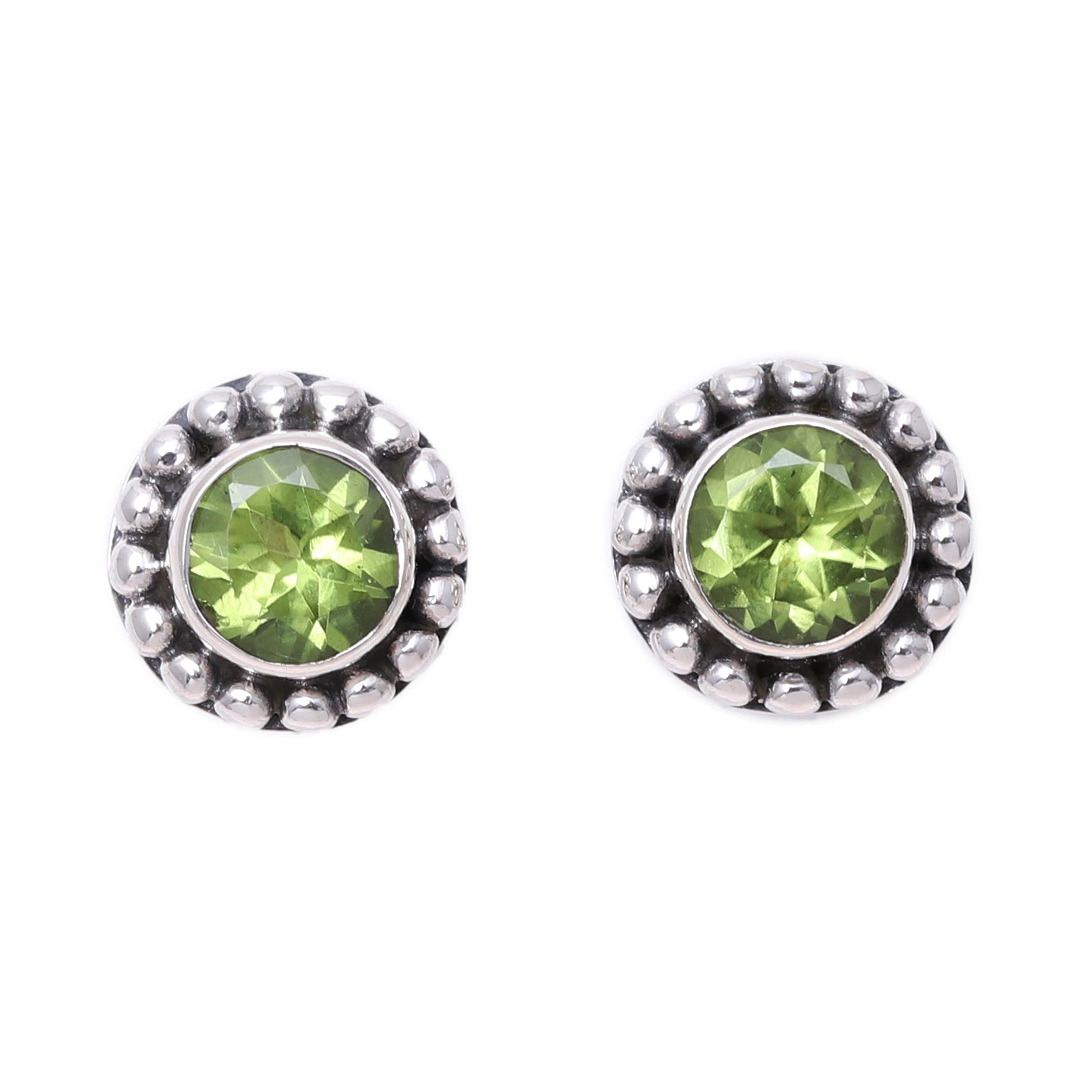 Premium Round Peridot Sterling Silver Dot Stud Earrings – Handcrafted Elegance