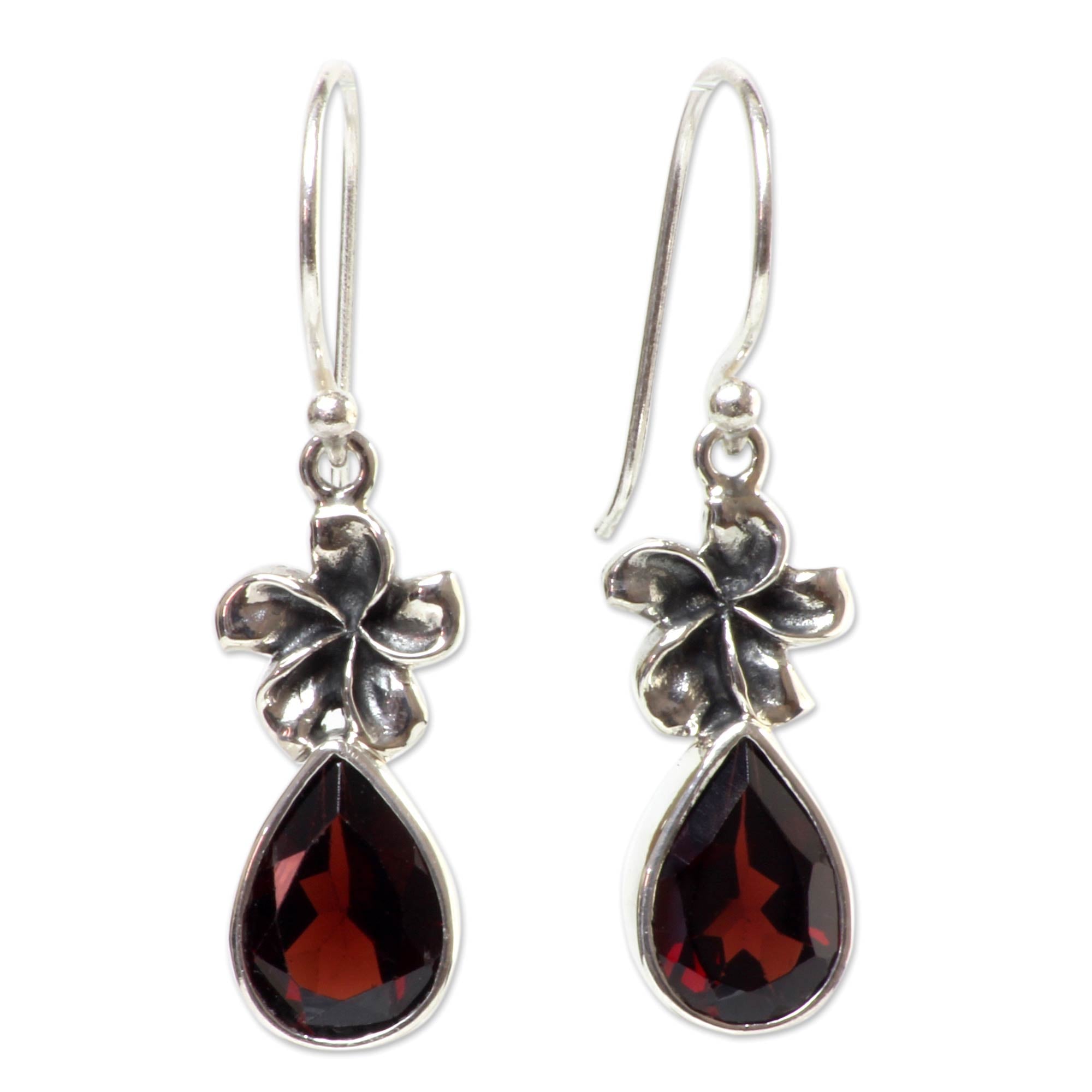 Premium Plumeria Dew Garnet & Silver Dangle Earrings – Handcrafted Elegance