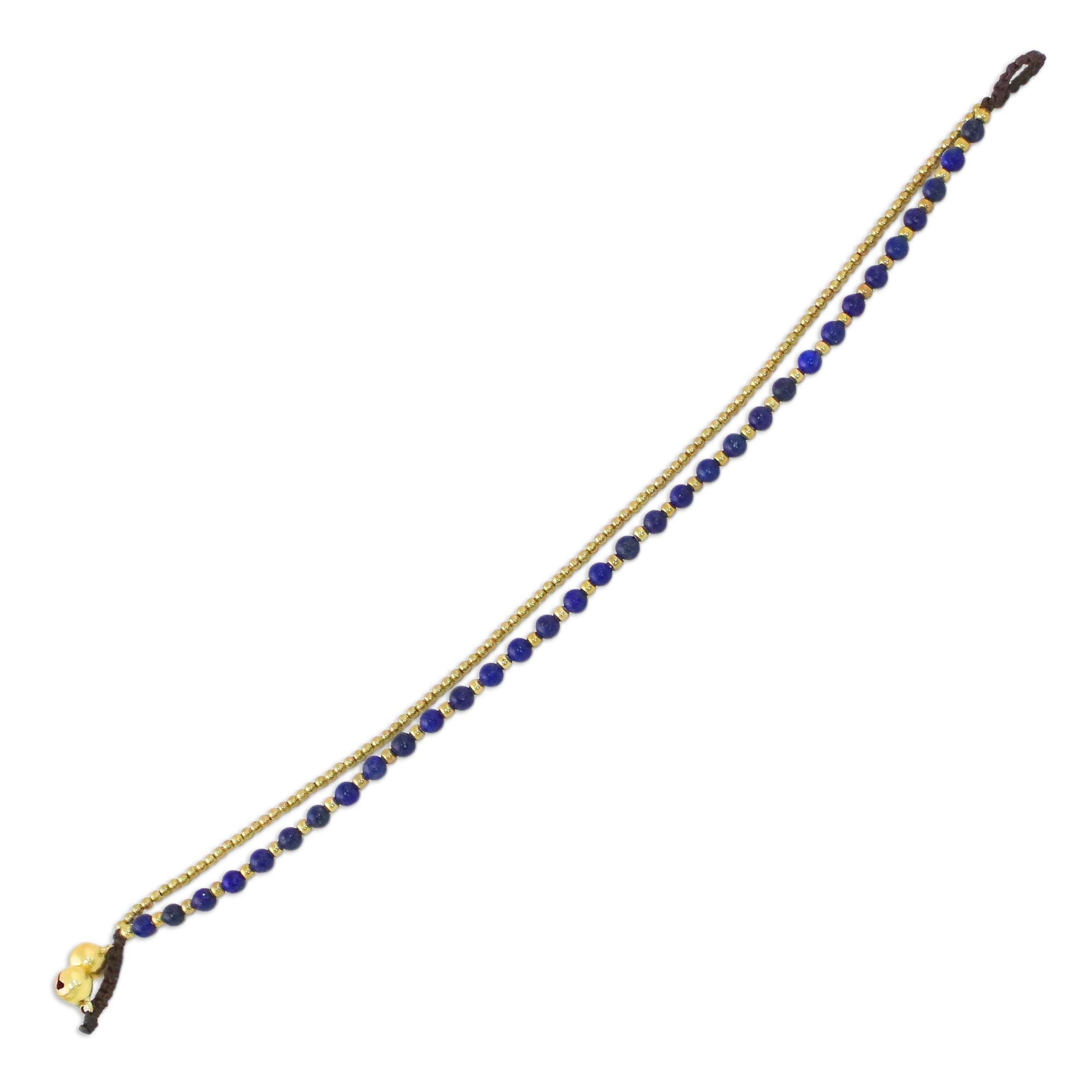 Premium Lapis Lazuli & Brass Adjustable Anklet with Bells - Handcrafted in Thailand