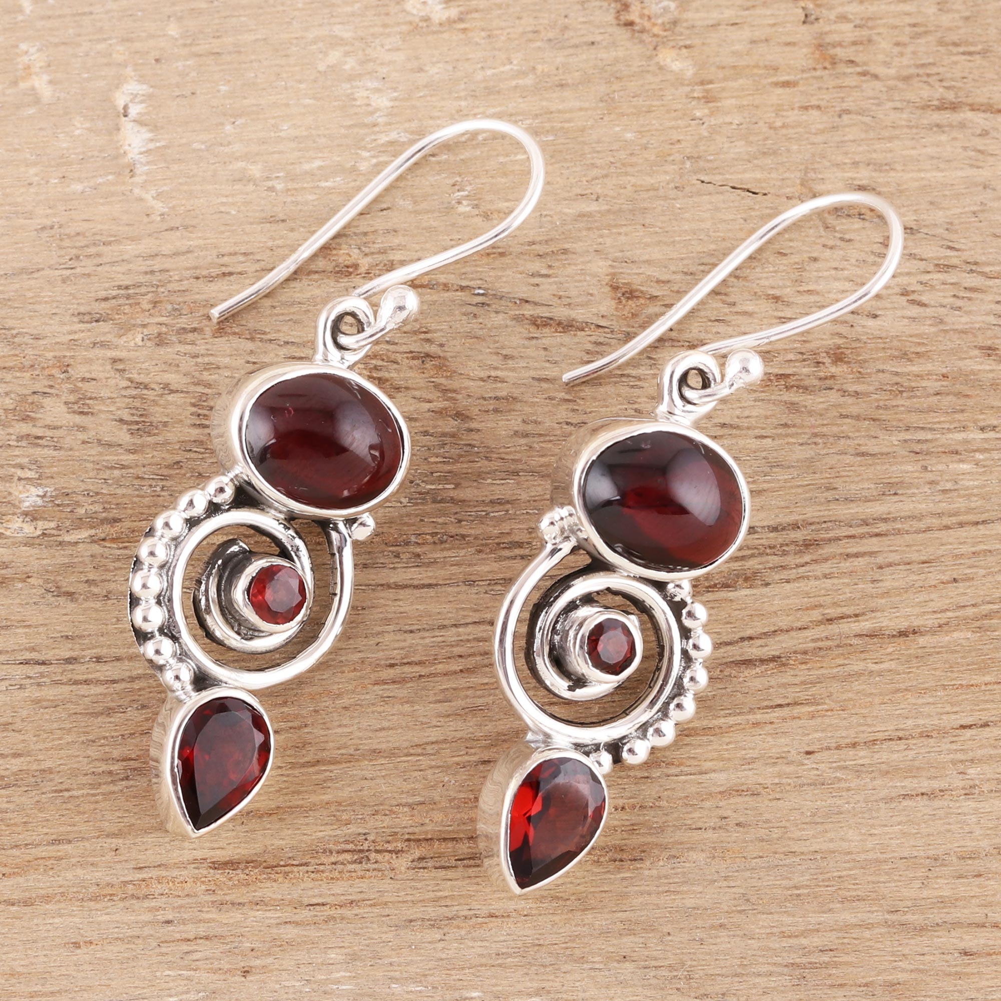 Premium Garnet Spiral Dangle Earrings in Sterling Silver