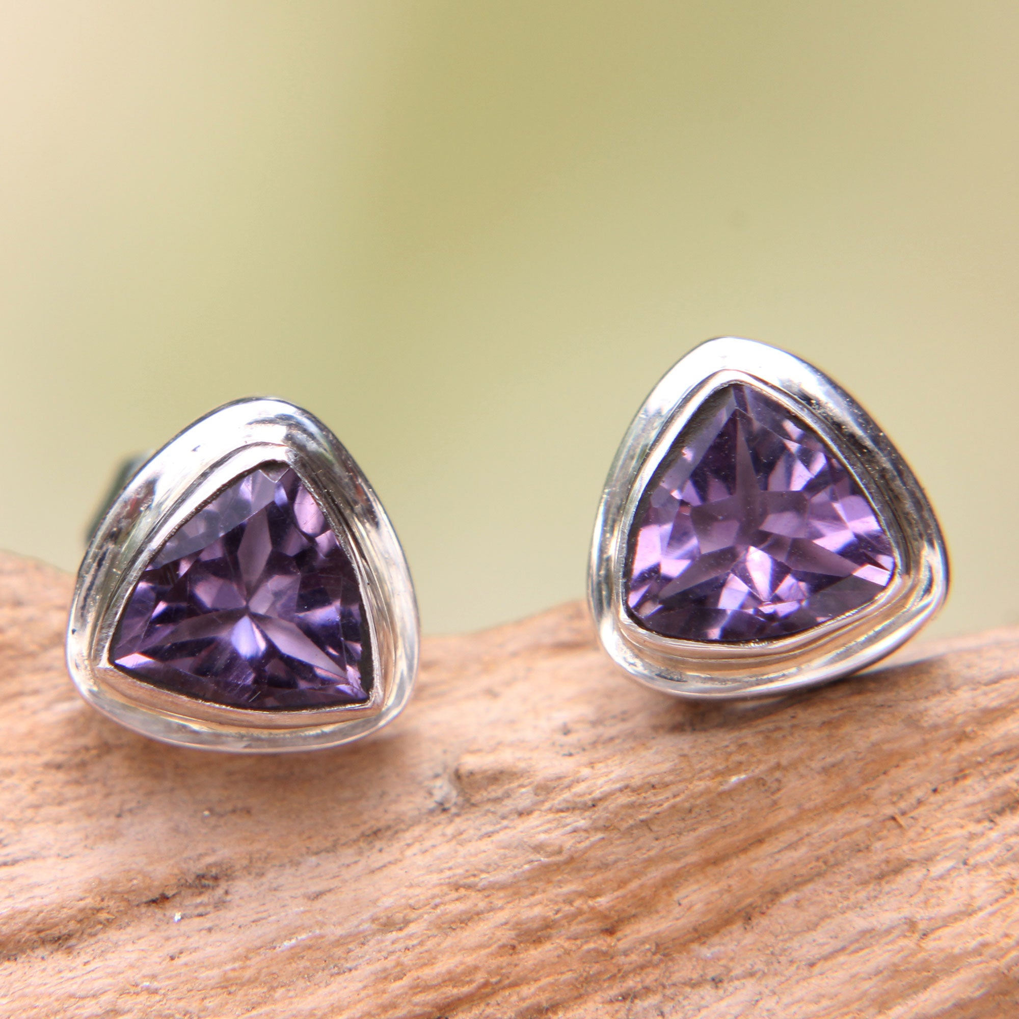 Premium Trinity Amethyst Sterling Silver Stud Earrings - Handcrafted Artisan Jewelry