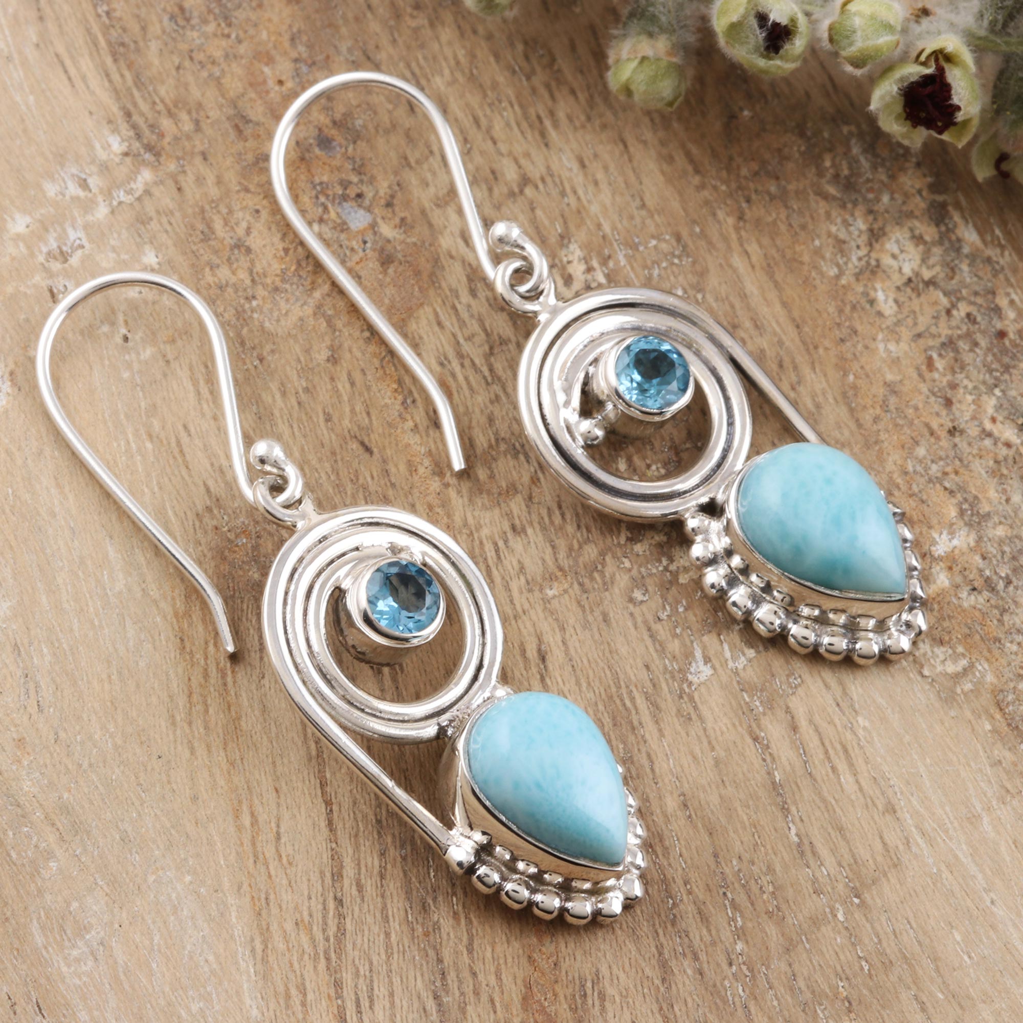 Premium Larimar & Blue Topaz Dangle Earrings – Ultimate Elegance