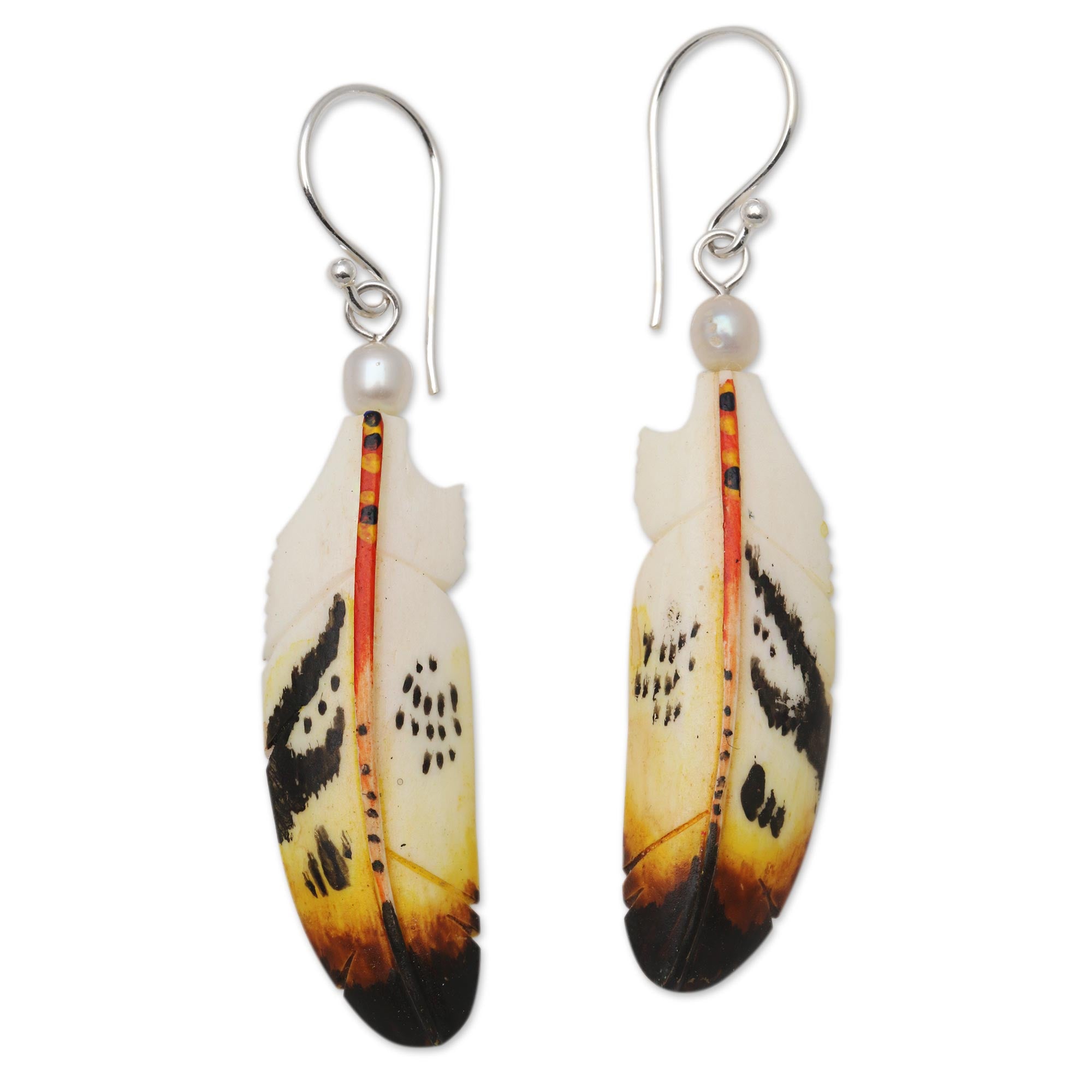 Premium Bali Handcrafted Feather Dangle Earrings with Cultured Pearls