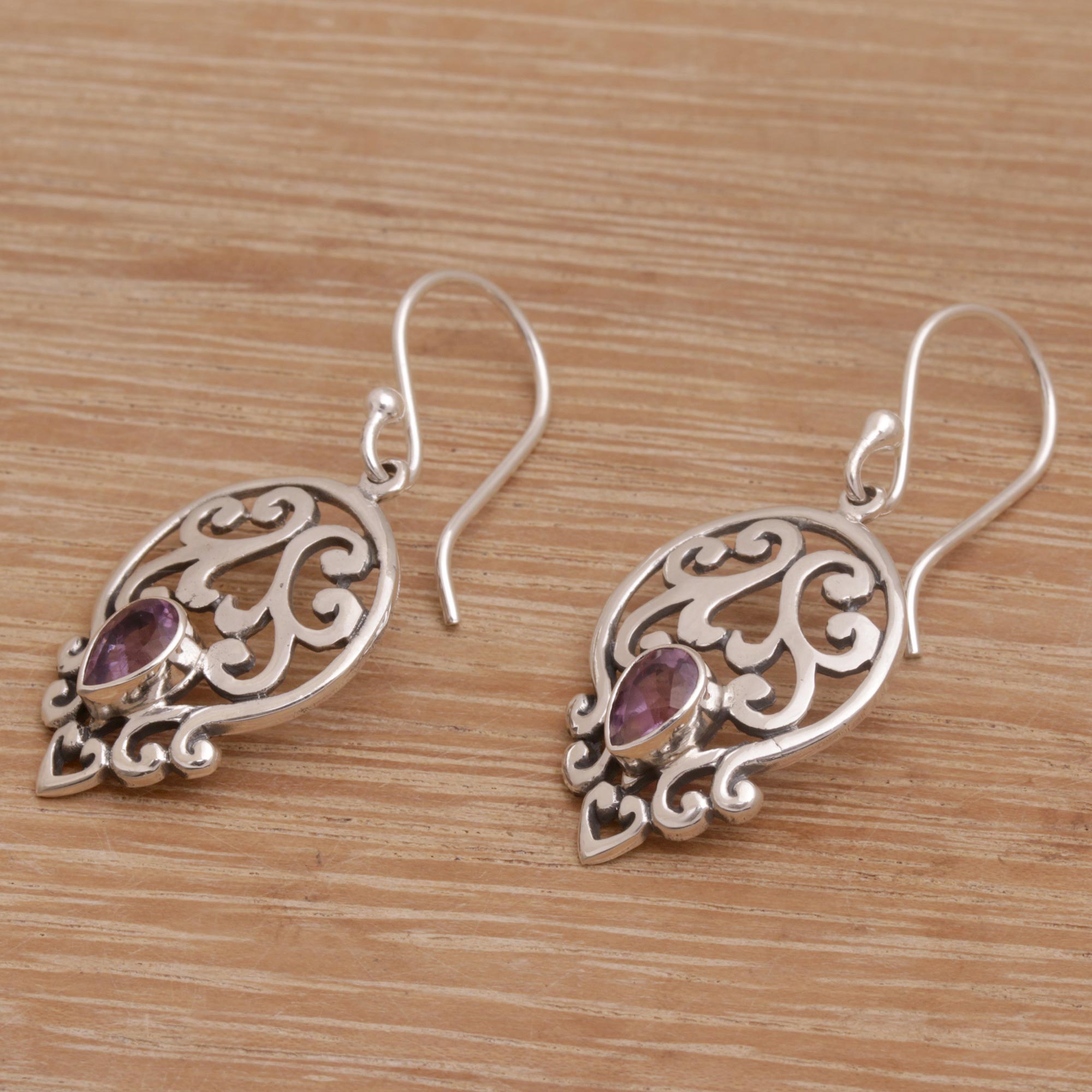 Premium Balinese Amethyst Sterling Silver Dangle Earrings - Lilac Majesty