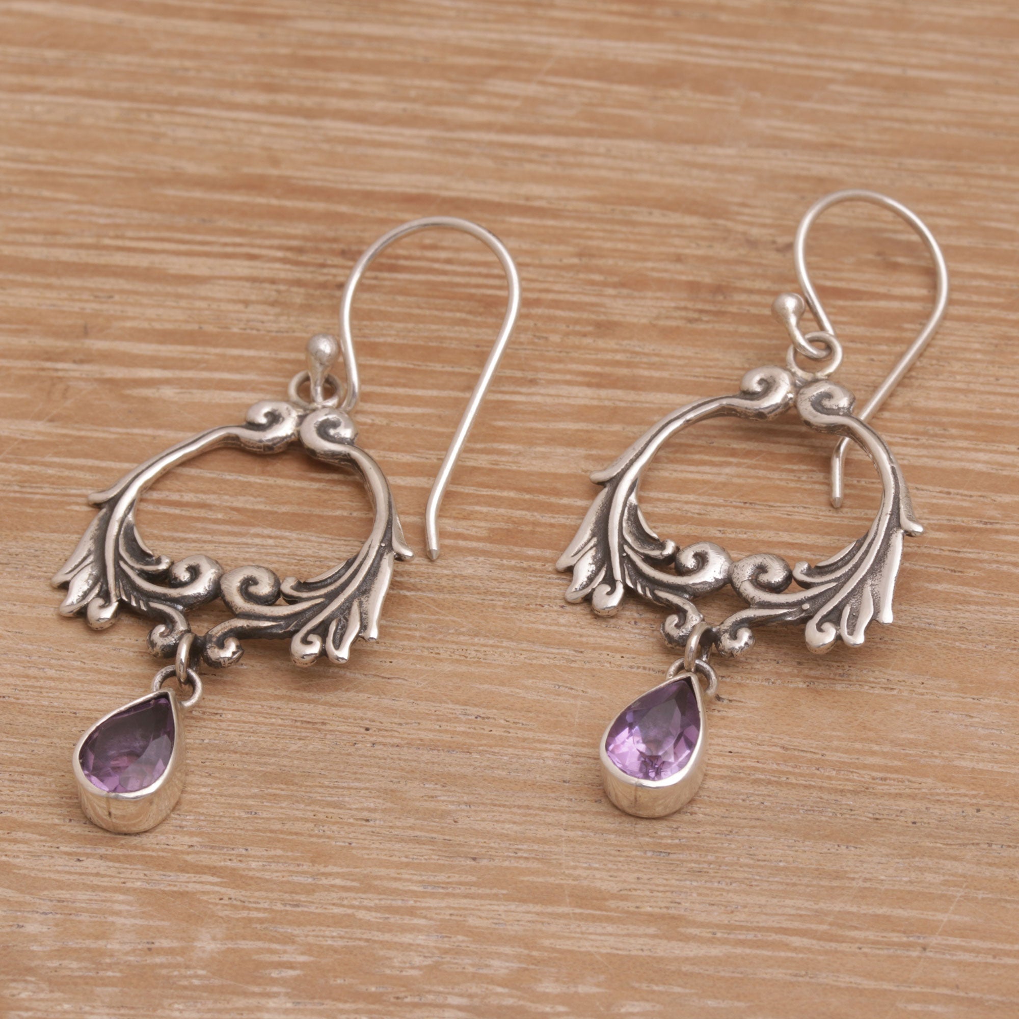 Premium Sterling Silver Amethyst Garland Earrings - Handcrafted by Bali Artisans