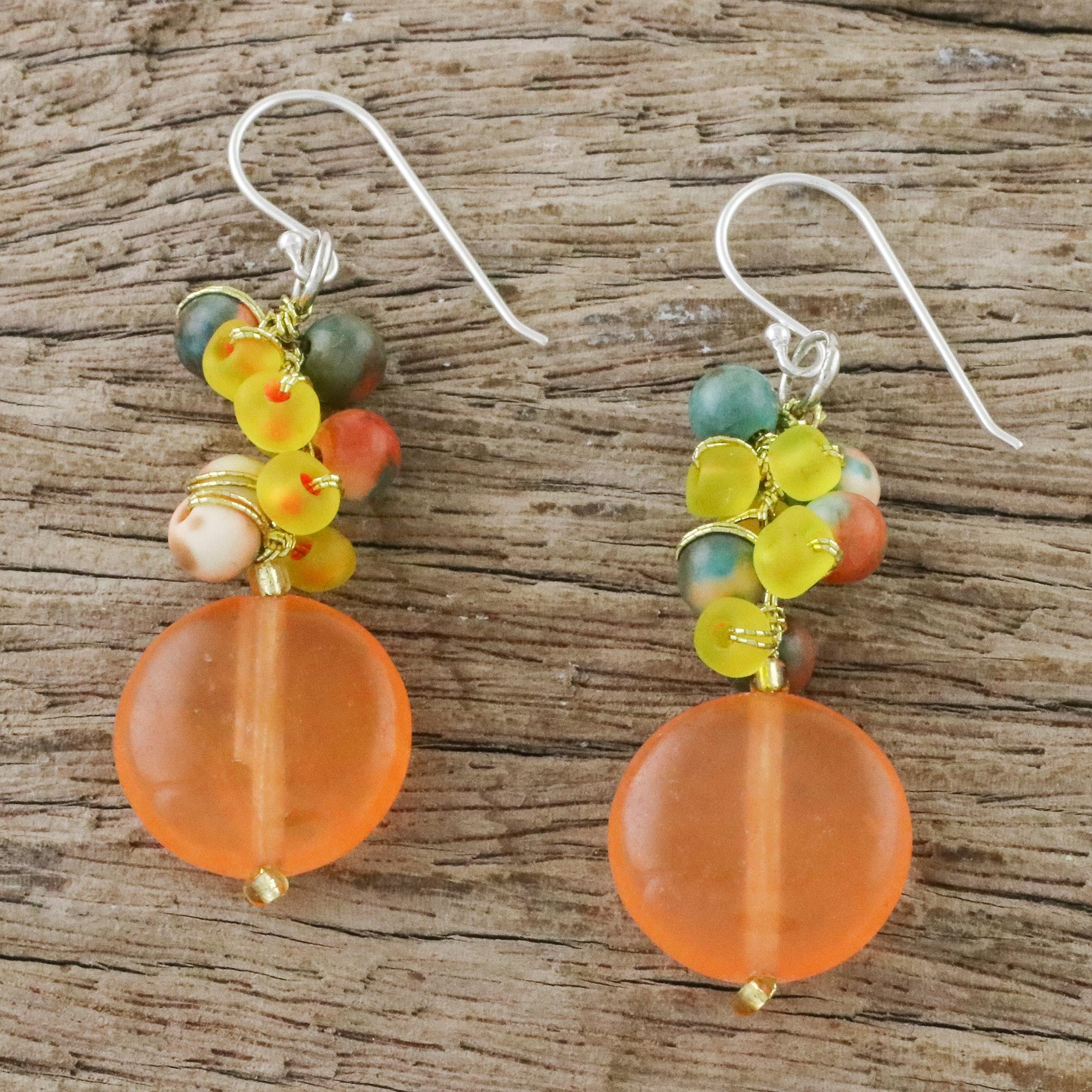 Premium Orange Quartz Dangle Earrings with Glass Beads – Handcrafted in Thailand