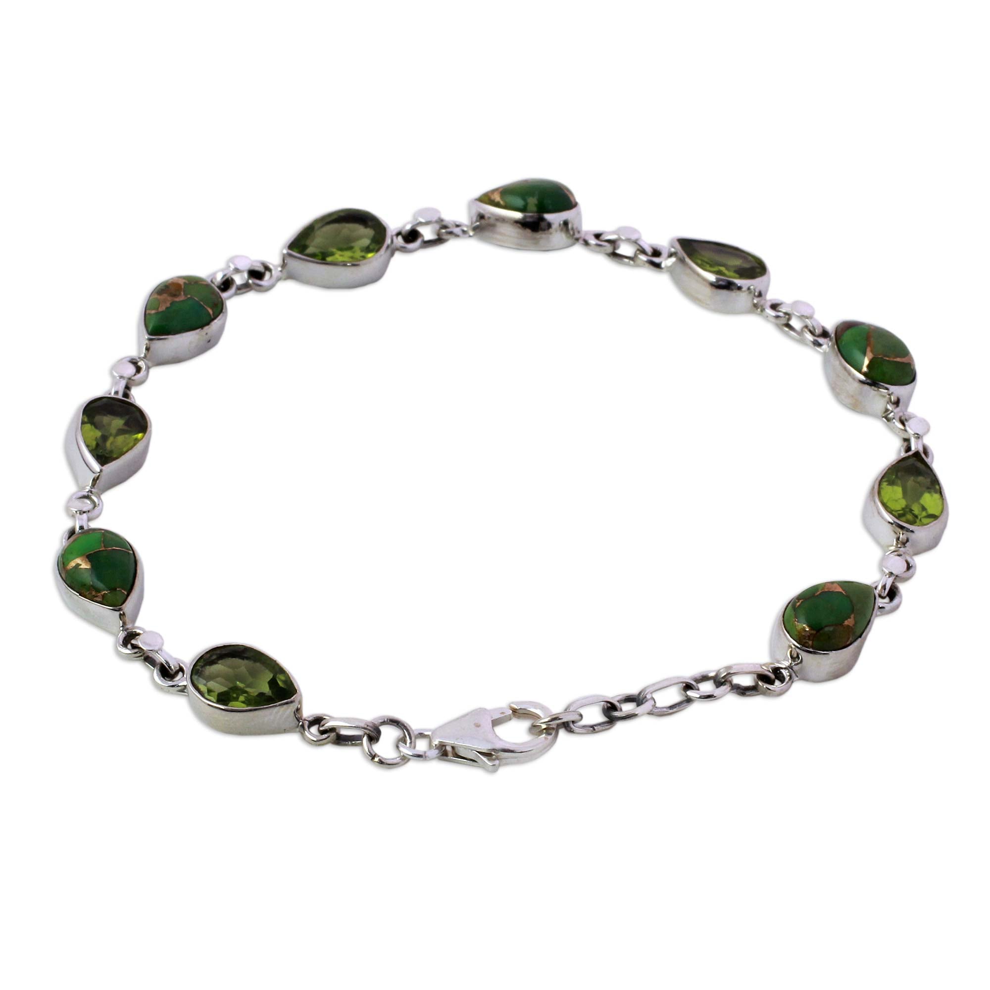 Premium Peridot & Turquoise Sterling Silver Bracelet - Handcrafted in India