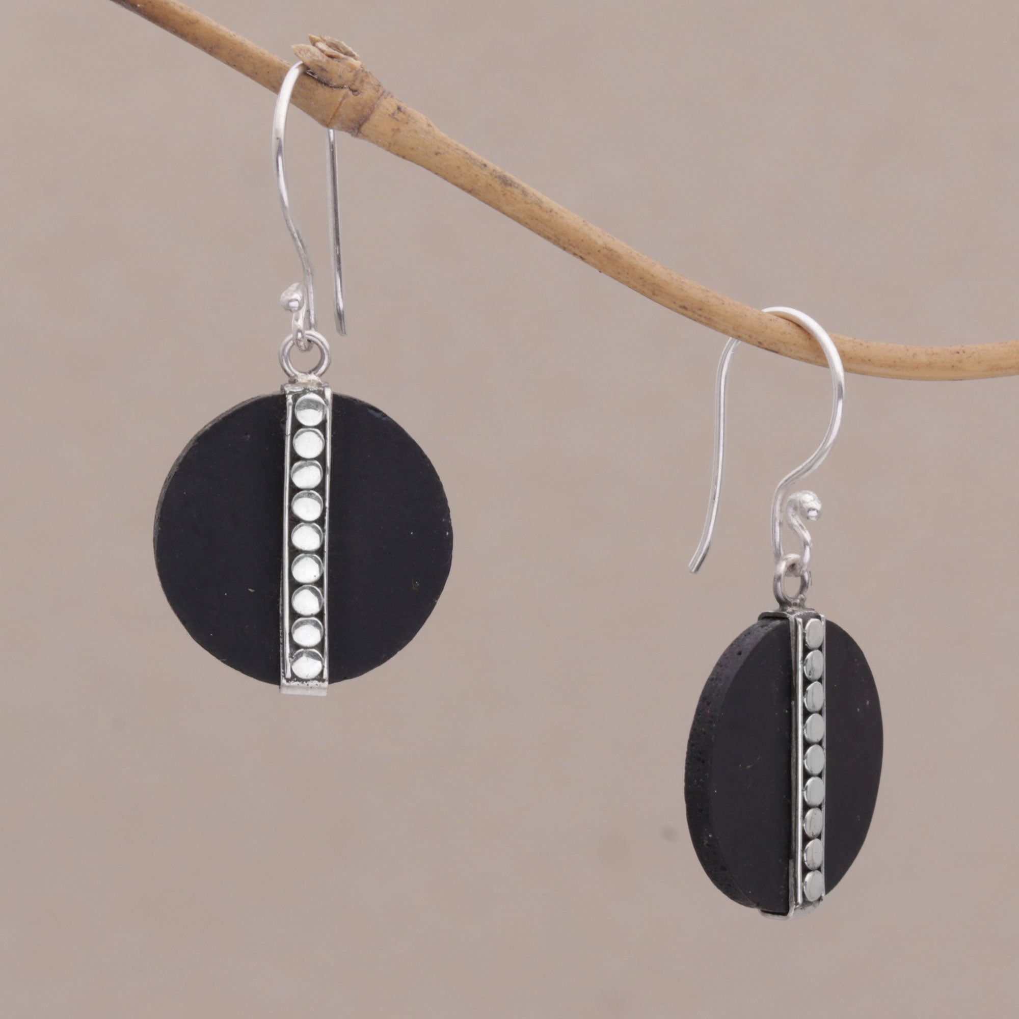 Premium Balinese Lava Stone Dangle Earrings with Sterling Silver Dot Motif