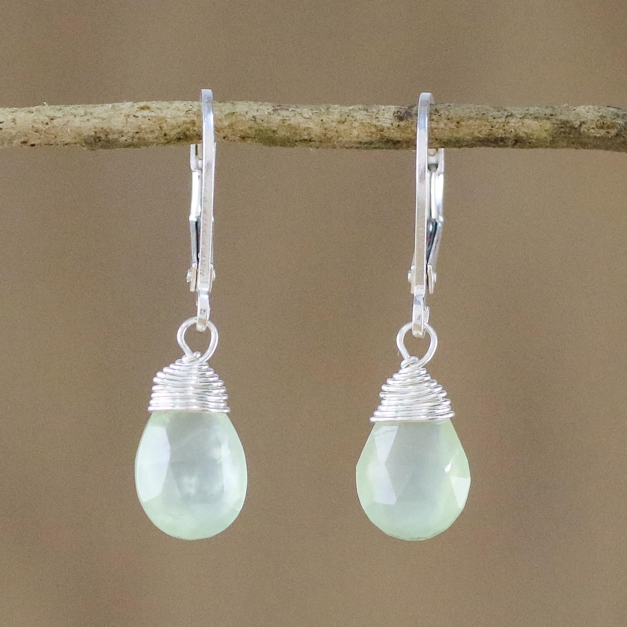 Premium Prehnite Teardrop Dangle Earrings in Sterling Silver - Glamorous Thai Design