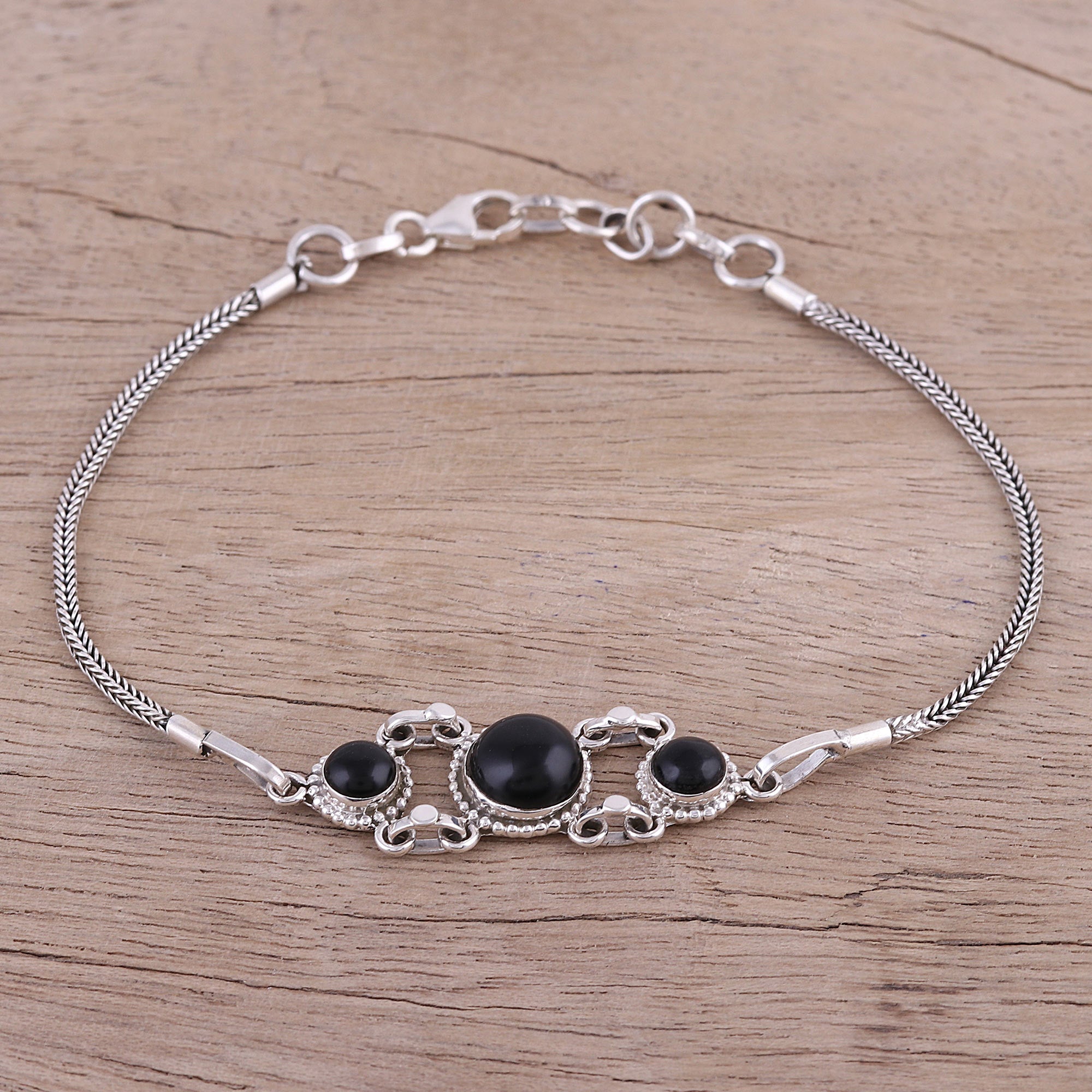 Premium Sterling Silver Onyx Pendant Bracelet with Foxtail Chain