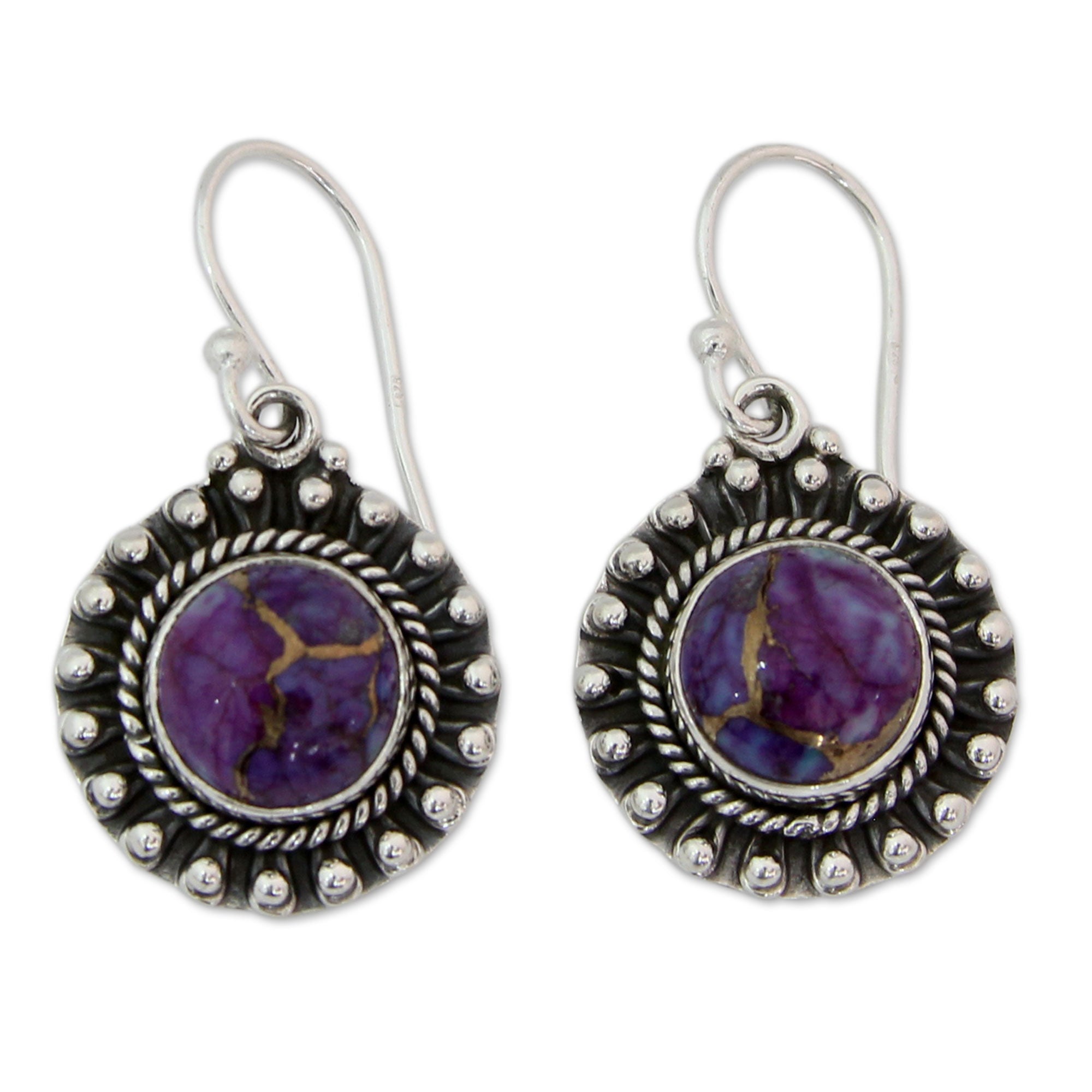 Premium Purple Fire Turquoise & Silver Dangle Earrings - Handmade in India