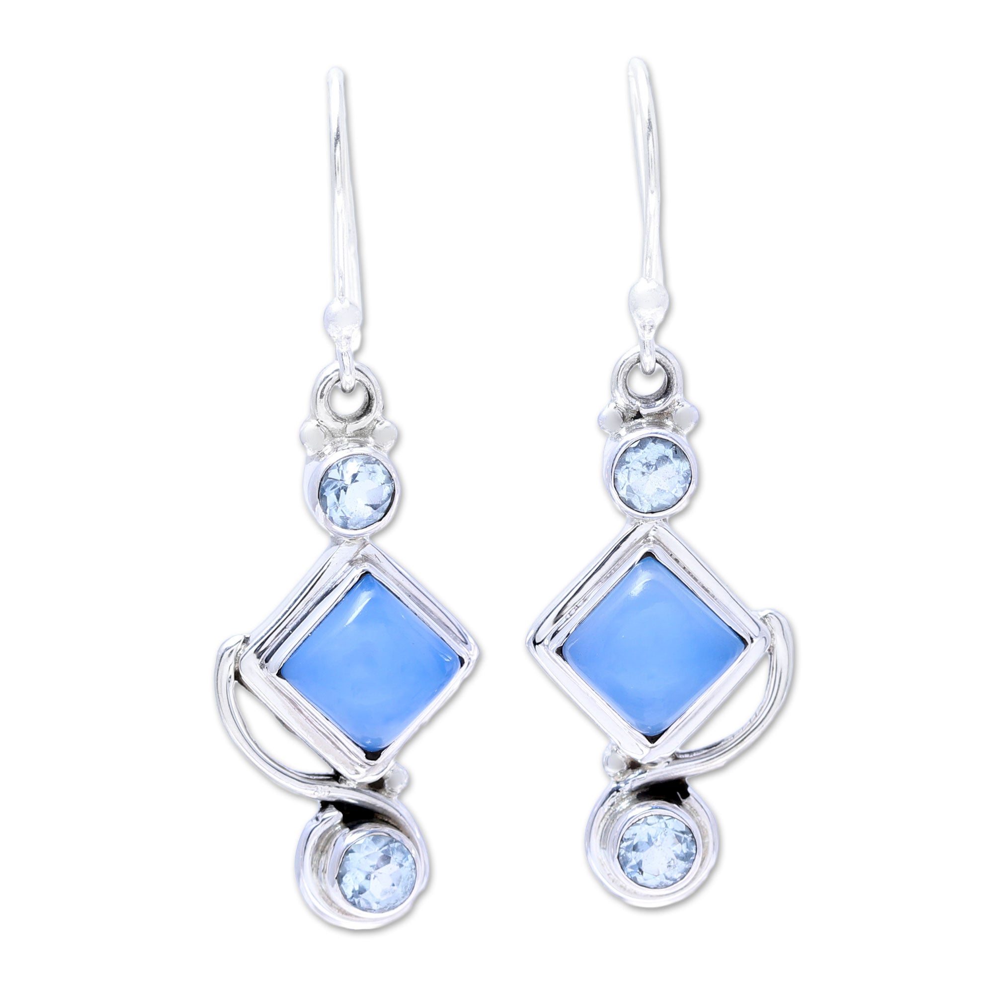 Premium Ocean-Inspired Blue Topaz & Chalcedony Dangle Earrings - Handmade Sterling Silver Jewelry