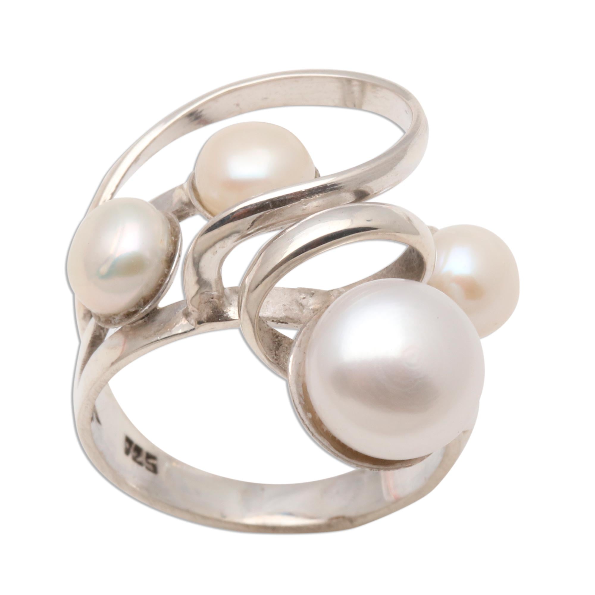 Premium Wave Crest Pearl Cocktail Ring – Elegant Sterling Silver Design