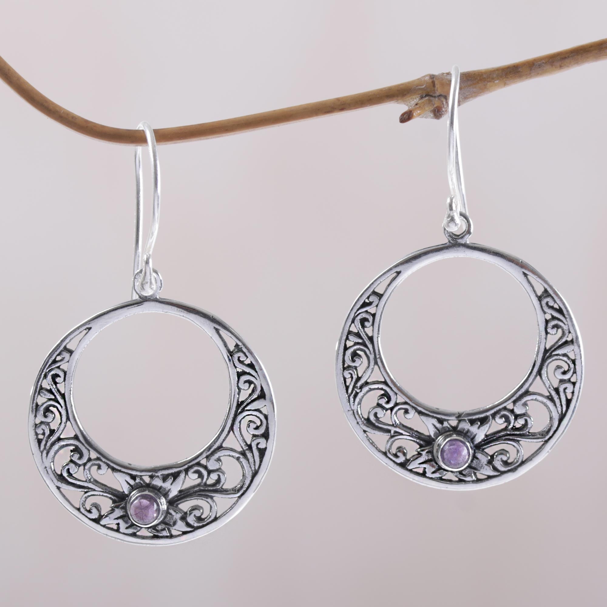 Premium Crescent Spirals Amethyst Dangle Earrings - Handcrafted 925 Sterling Silver Jewelry from Bali