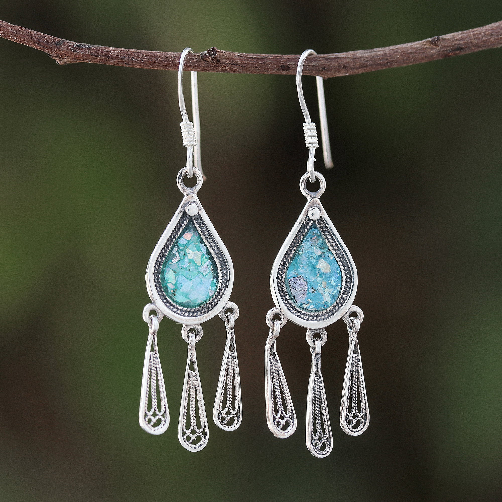 Premium Ancient Roman Glass Raindrop Earrings - Handcrafted Sterling Silver Jewelry