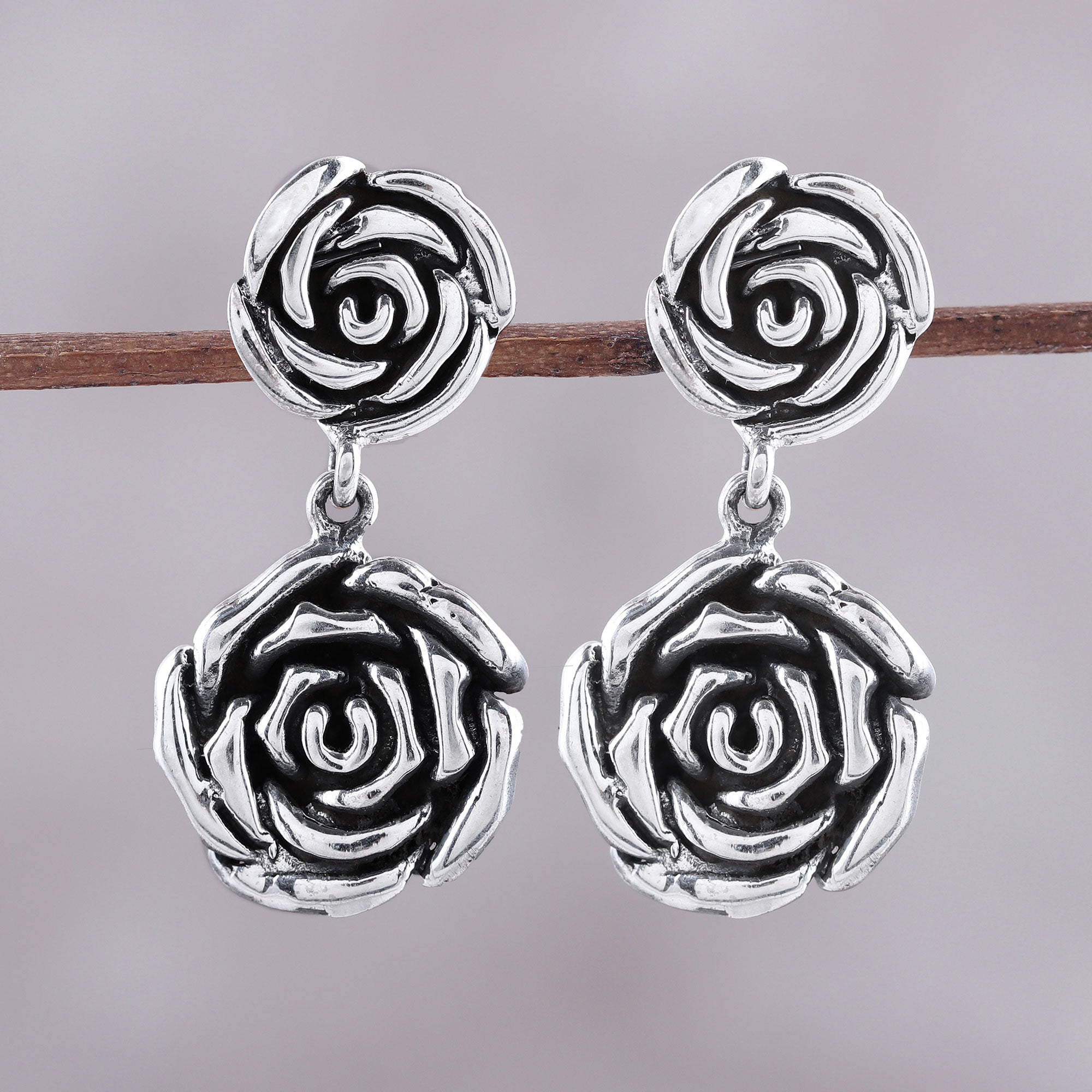 Premium Rose-Shaped Sterling Silver Dangle Earrings – Handcrafted in India