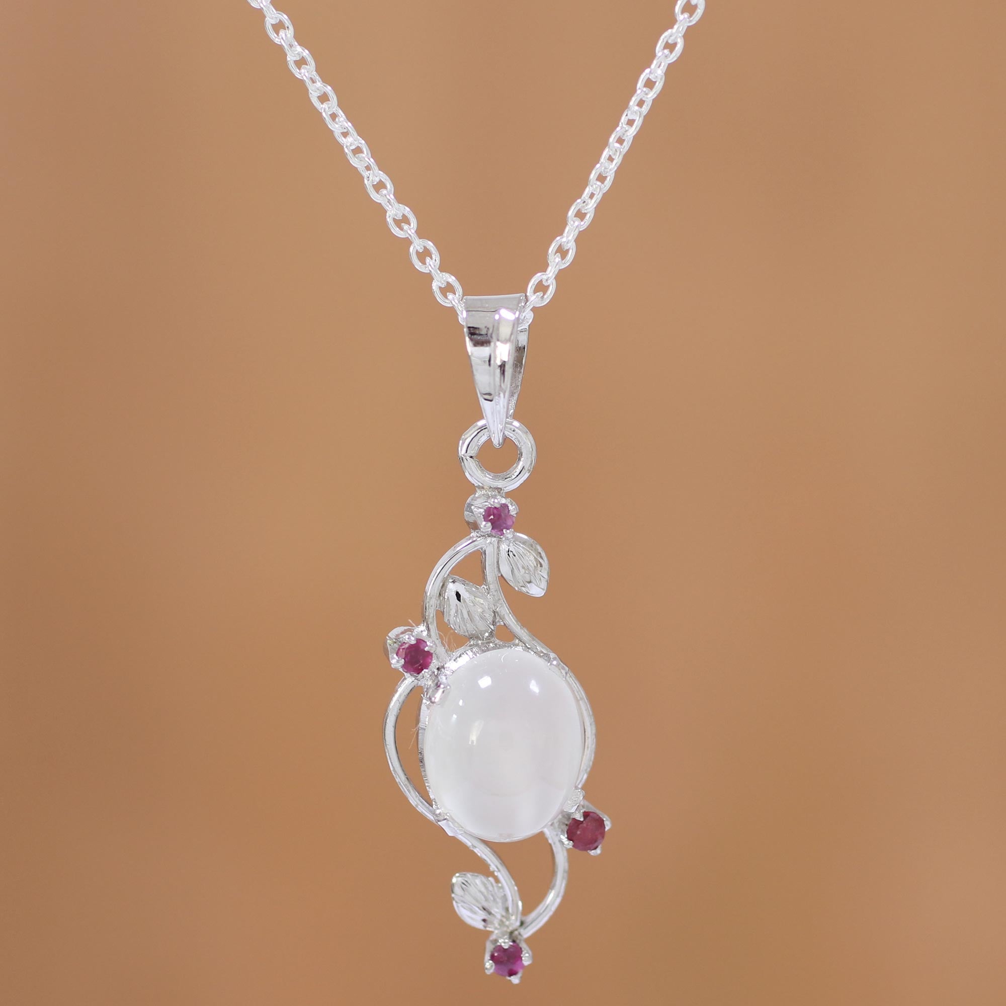 Premium Moonstone & Ruby Pendant Necklace - Elegant Sterling Silver Jewelry