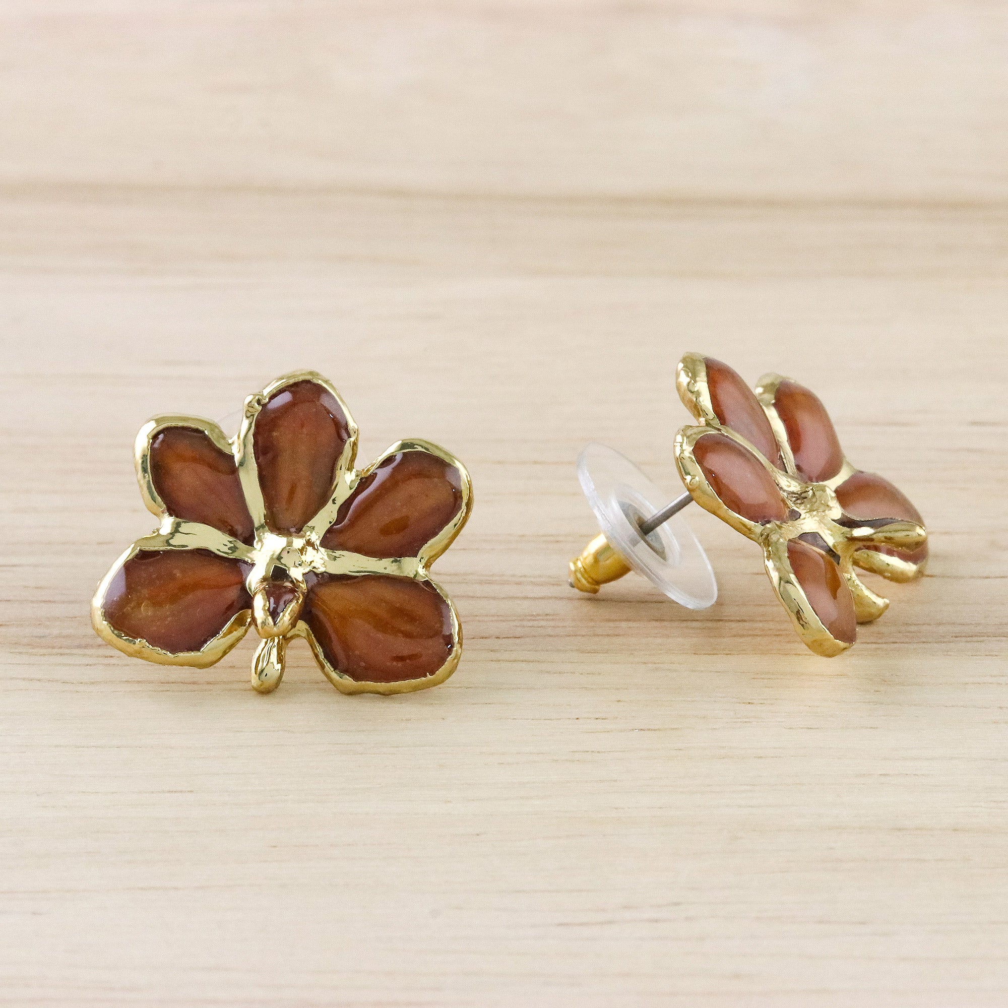 Premium Espresso Radiance Gold-Plated Orchid Earrings