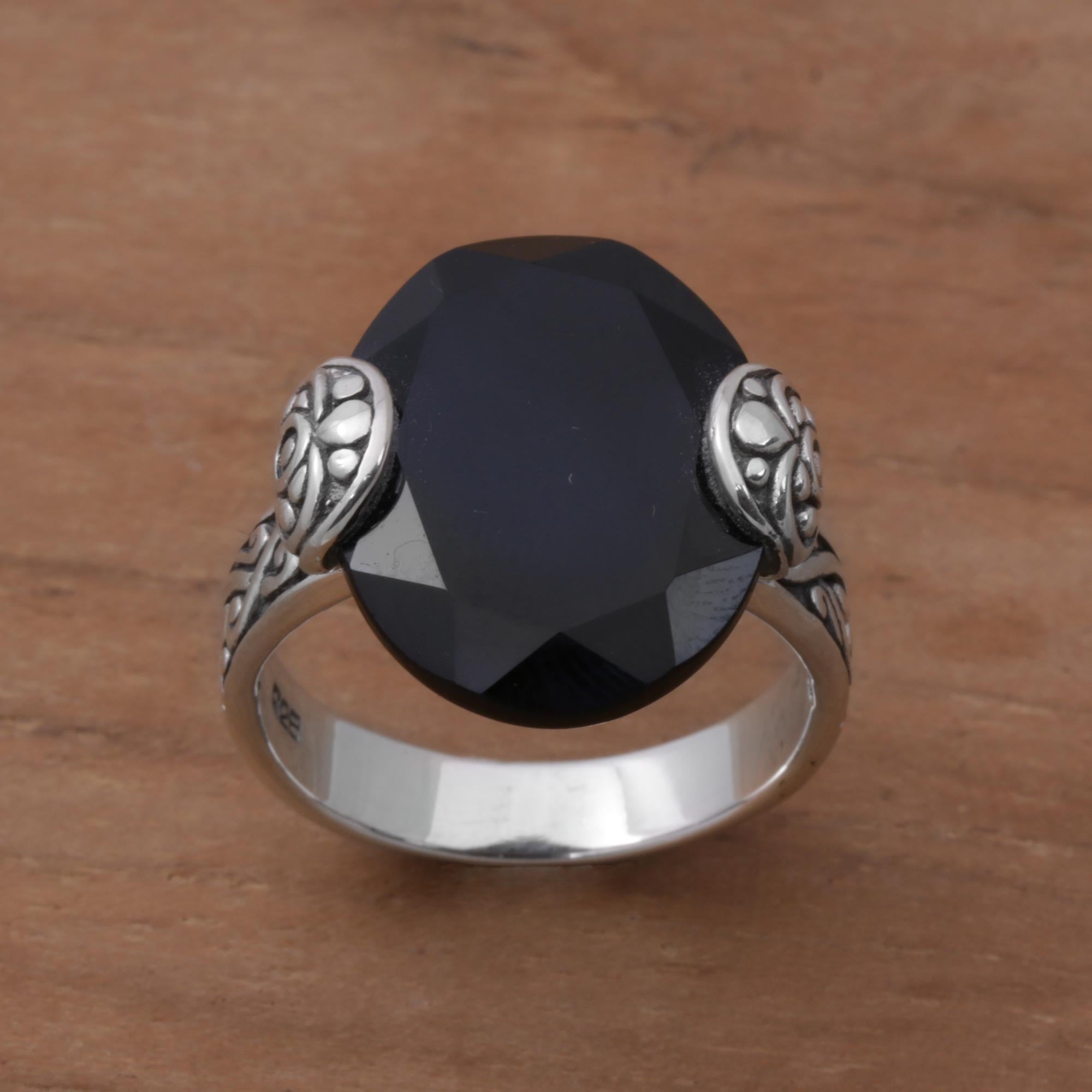 Premium Mystique Oval Onyx & Sterling Silver Cocktail Ring – Handcrafted in Bali