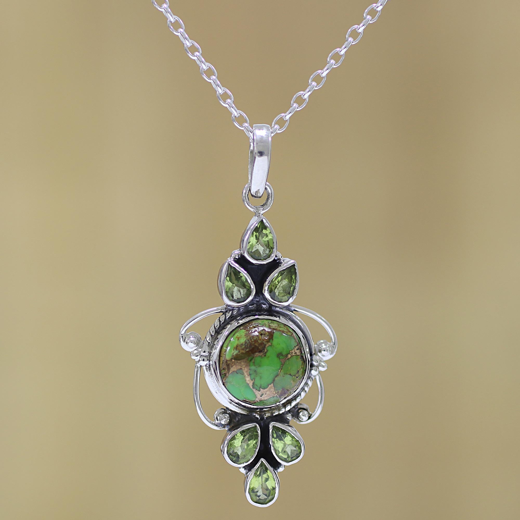 Premium Glittering Green Peridot & Turquoise Pendant Necklace - Handcrafted in India