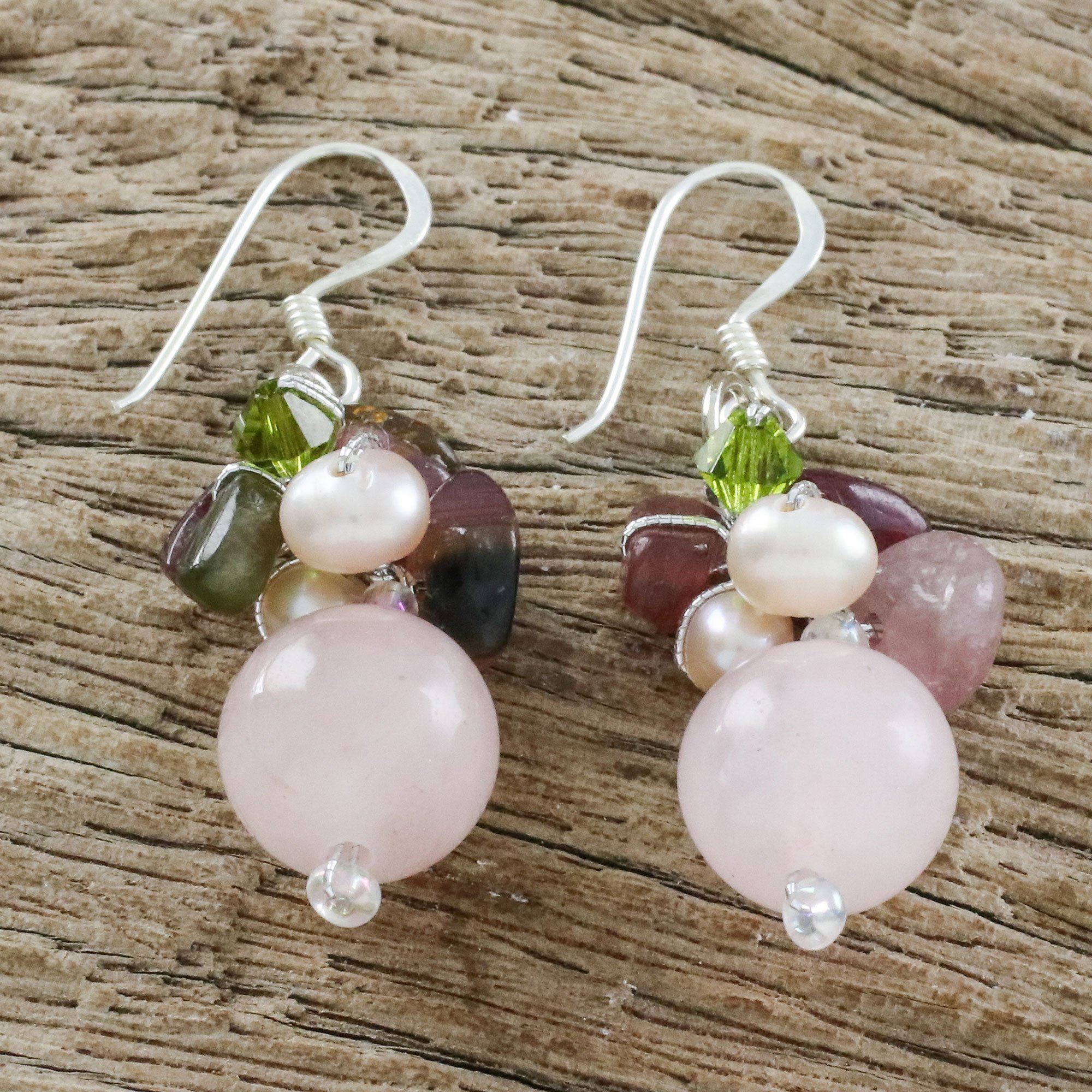 Premium Cultured Pearl & Rose Quartz Sterling Silver Earrings