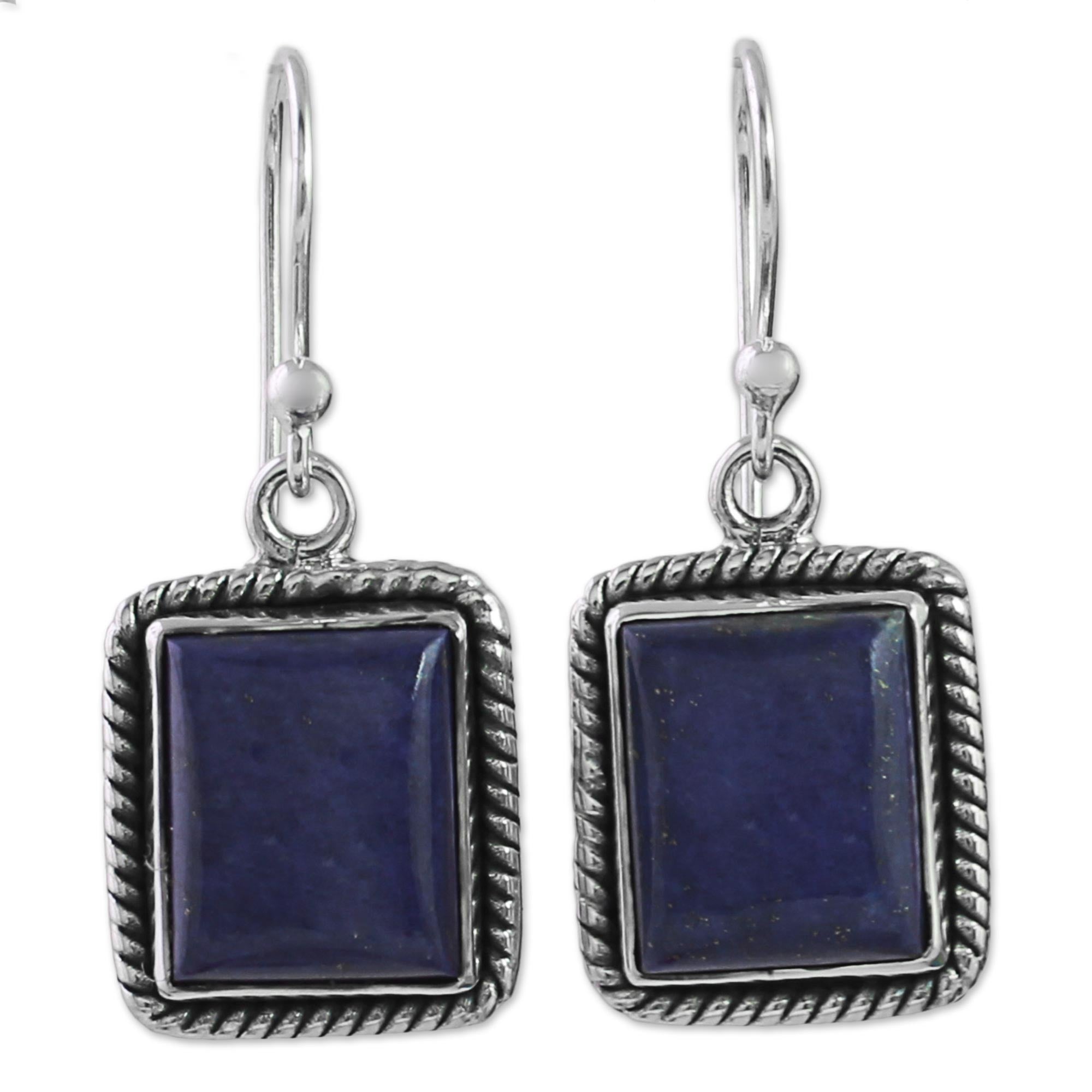 Premium Lapis Lazuli Sterling Silver Rectangle Dangle Earrings - Handcrafted Elegance