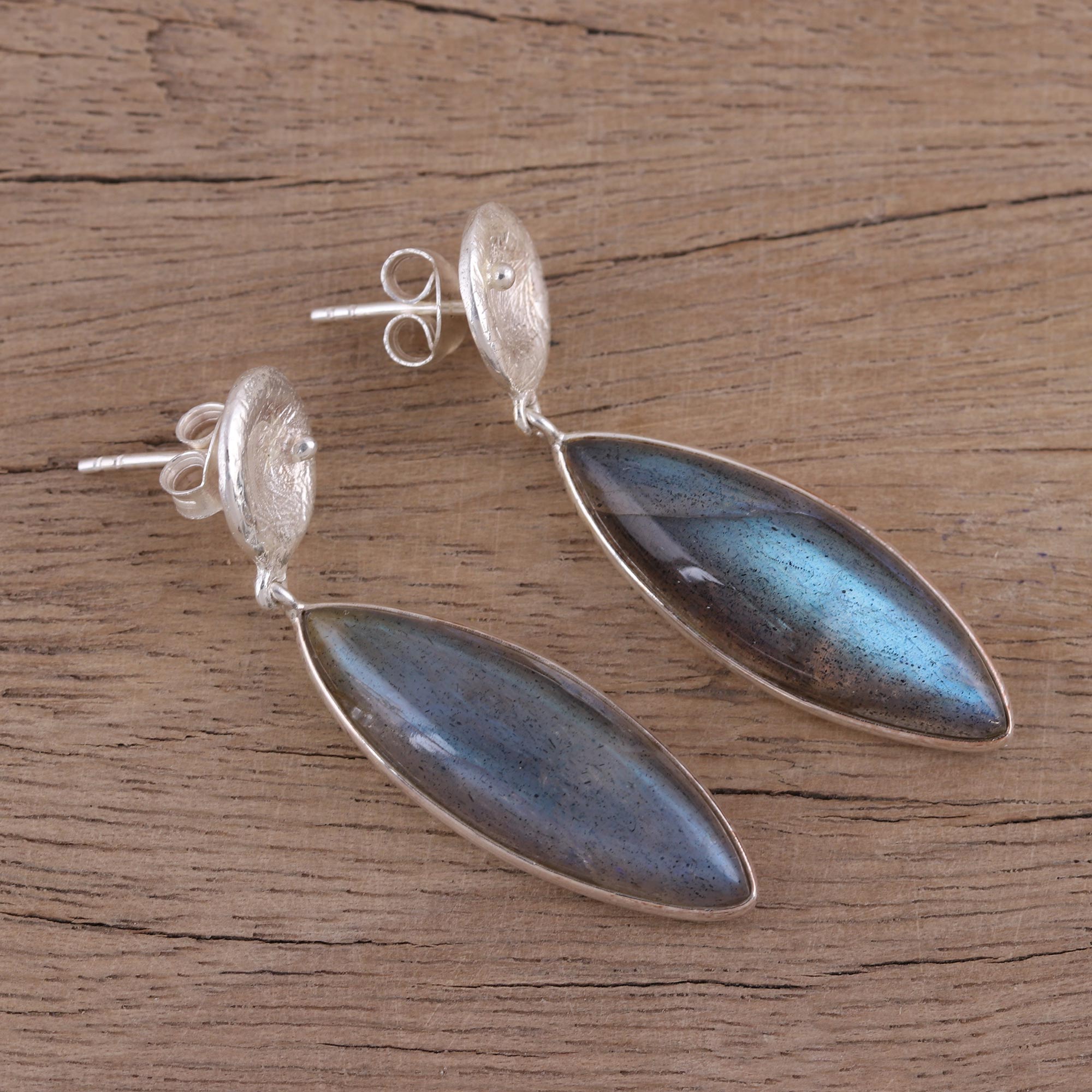 Premium Grey Eyes Labradorite Dangle Earrings - Textured Sterling Silver