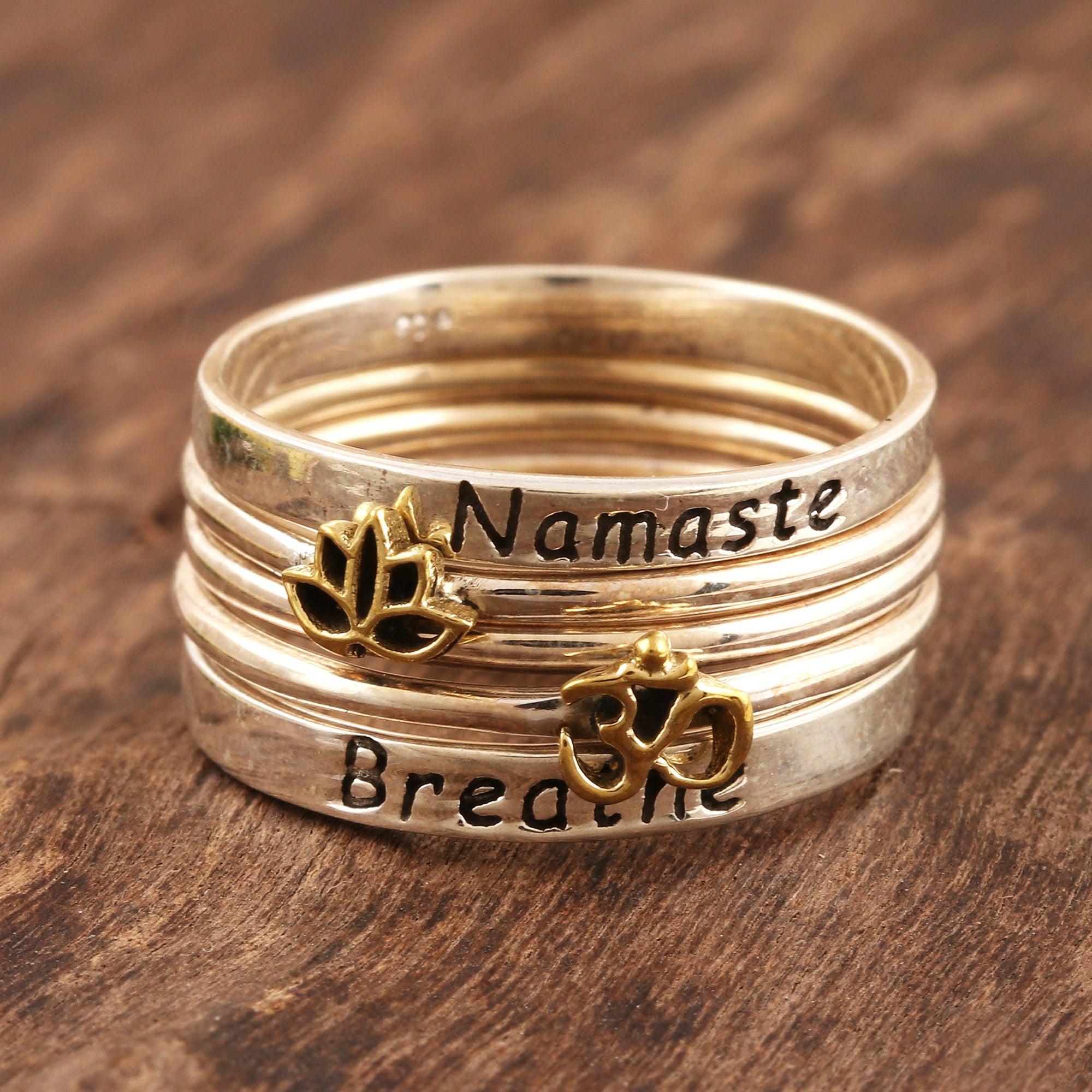 Premium Namaste & Breathe Stackable Sterling Silver Rings - Ultimate Peaceful Greetings