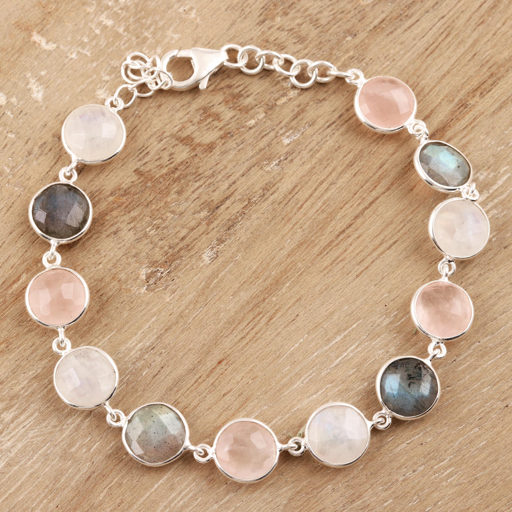 Premium Pink Multi-Gemstone Link Bracelet – Handcrafted Sterling Silver Jewelry