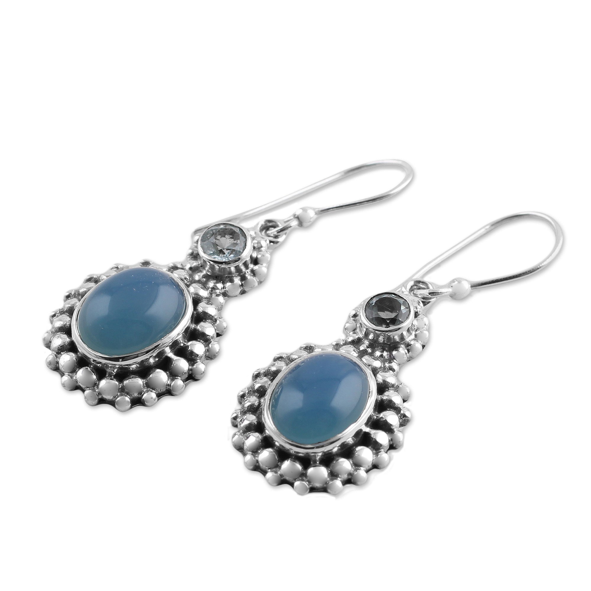 Premium Ocean Dots Chalcedony & Topaz Silver Dangle Earrings