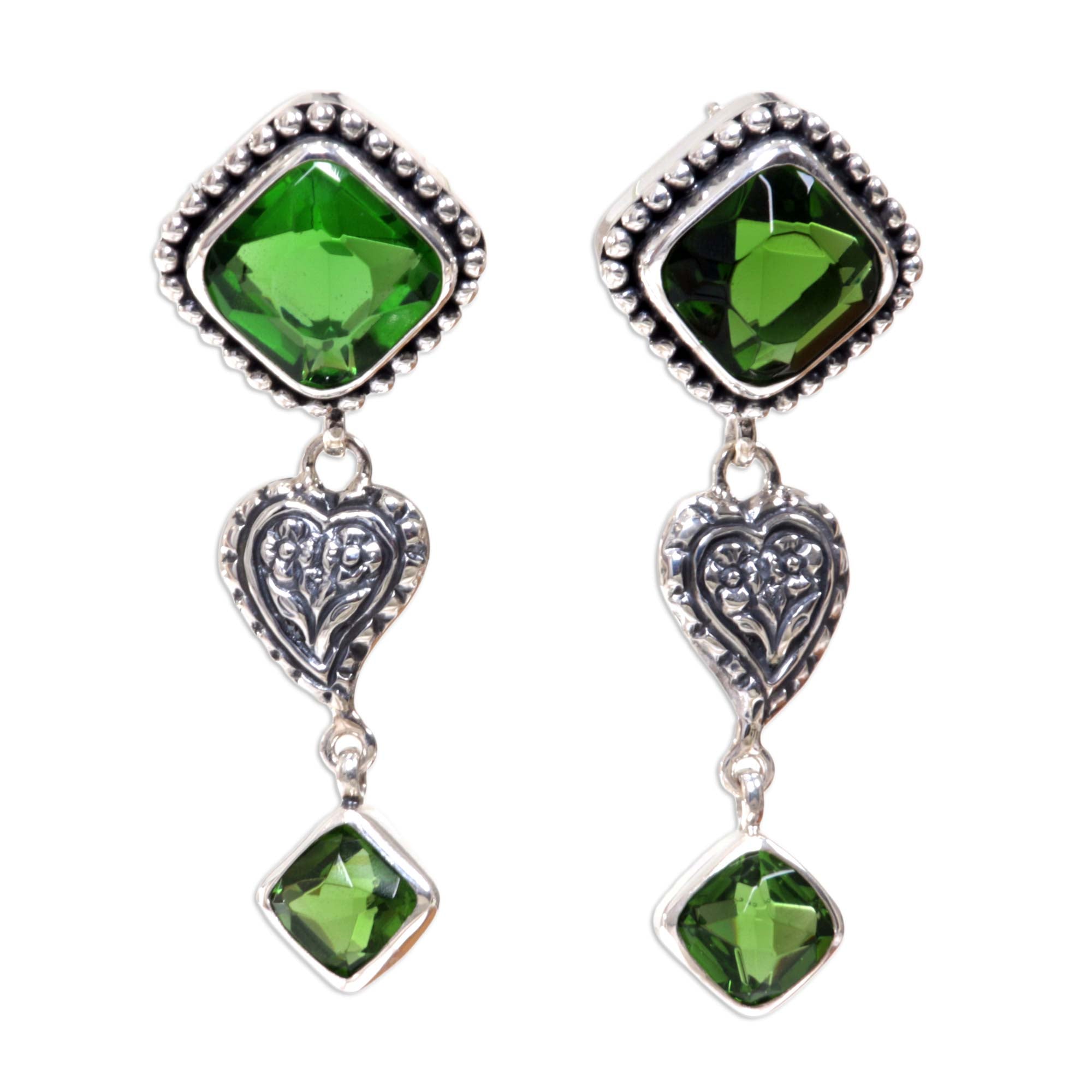 Premium Sterling Silver Heart Drop Earrings with Green Glass Accents