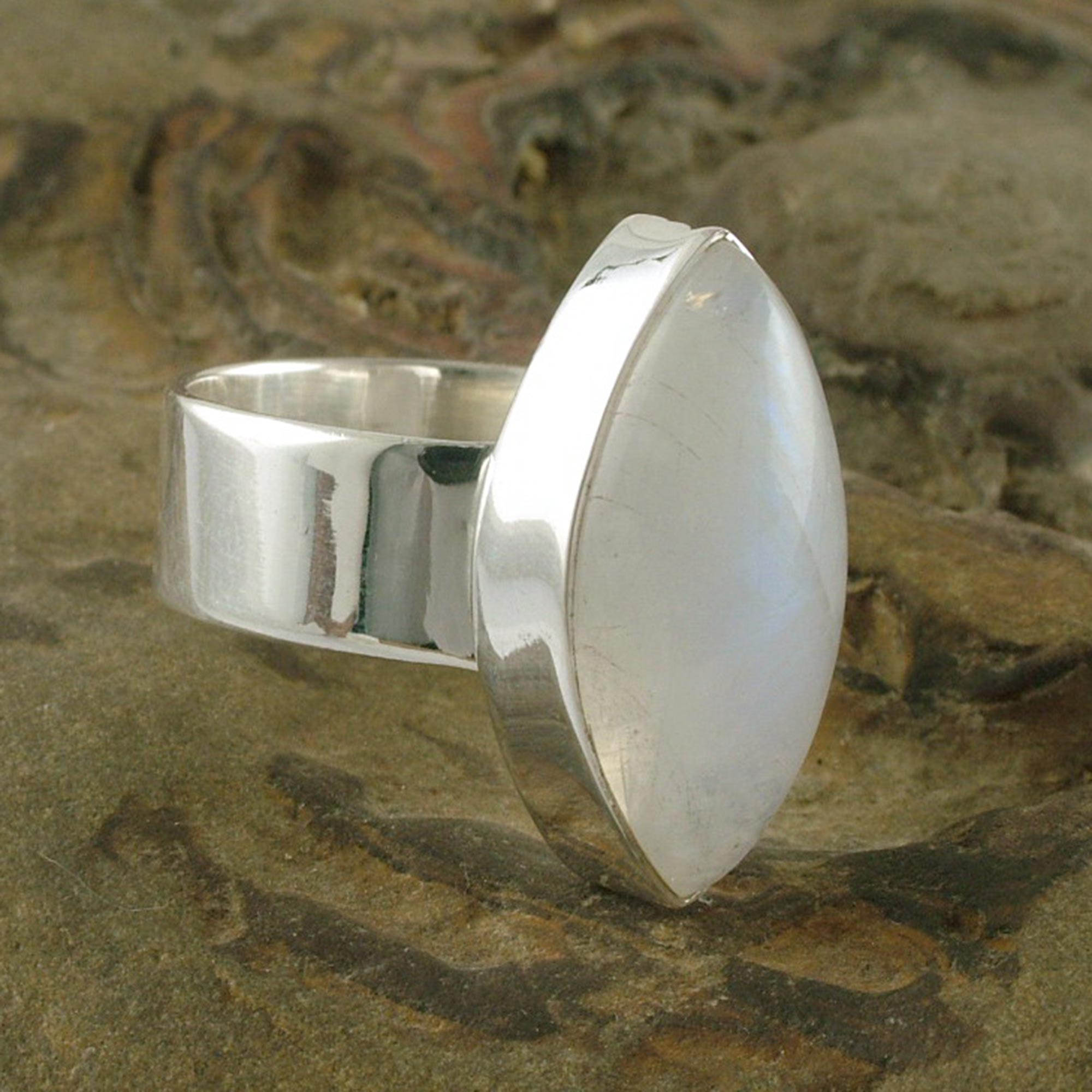 Premium Asymmetry Modern Sterling Silver & Rainbow Moonstone Ring