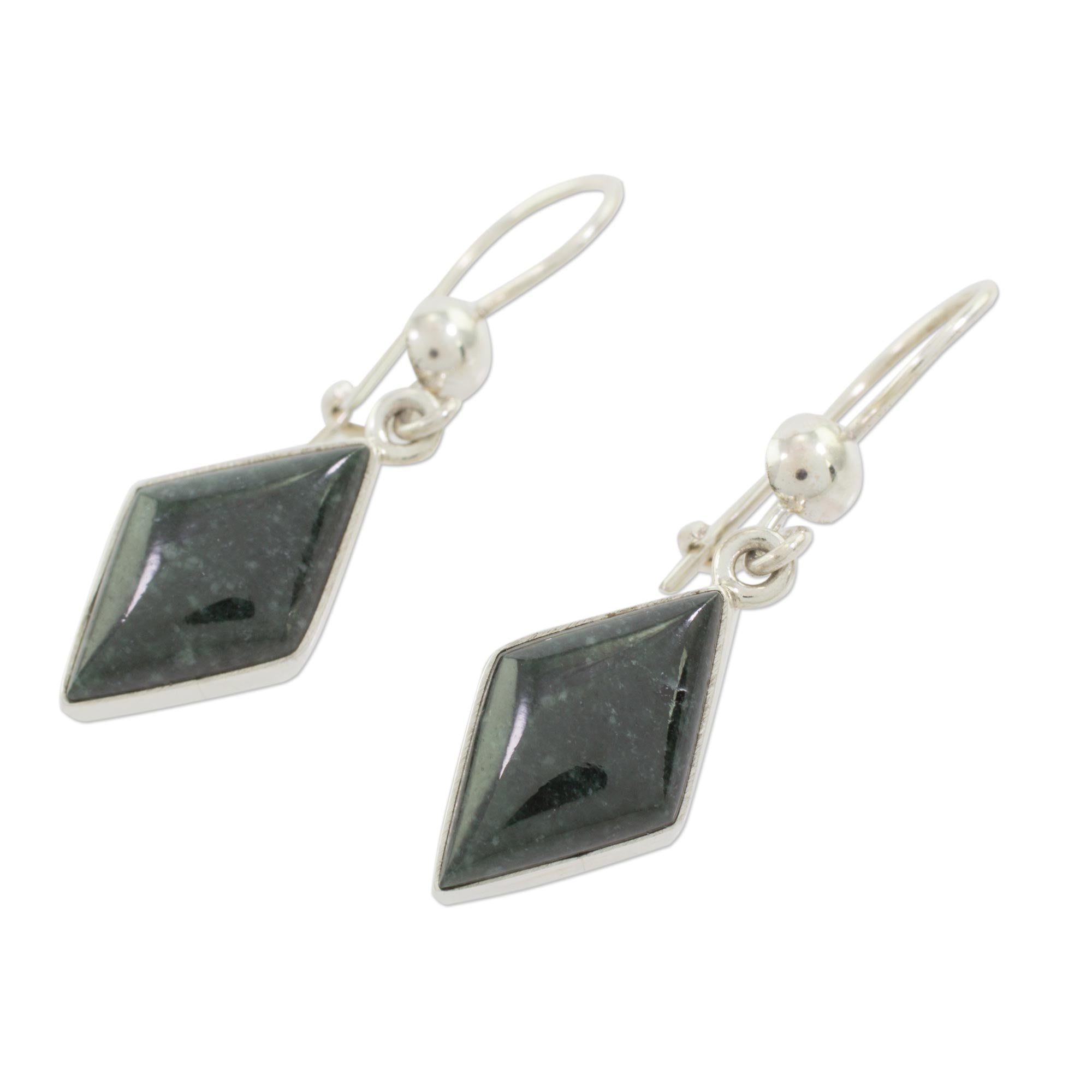 Premium Dark Verdant Jade Dangle Earrings with Sterling Silver Hooks