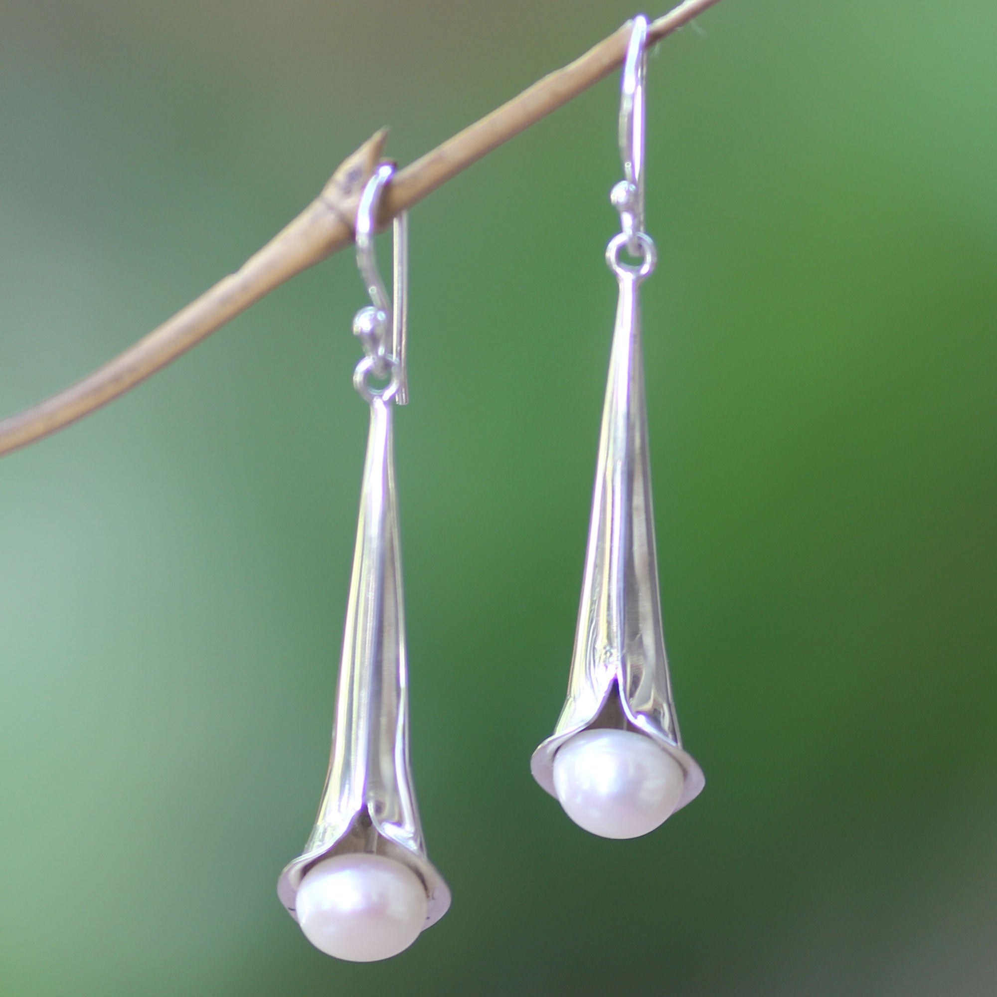 Premium Trumpet Flower Pearl Dangle Earrings - Handmade Sterling Silver