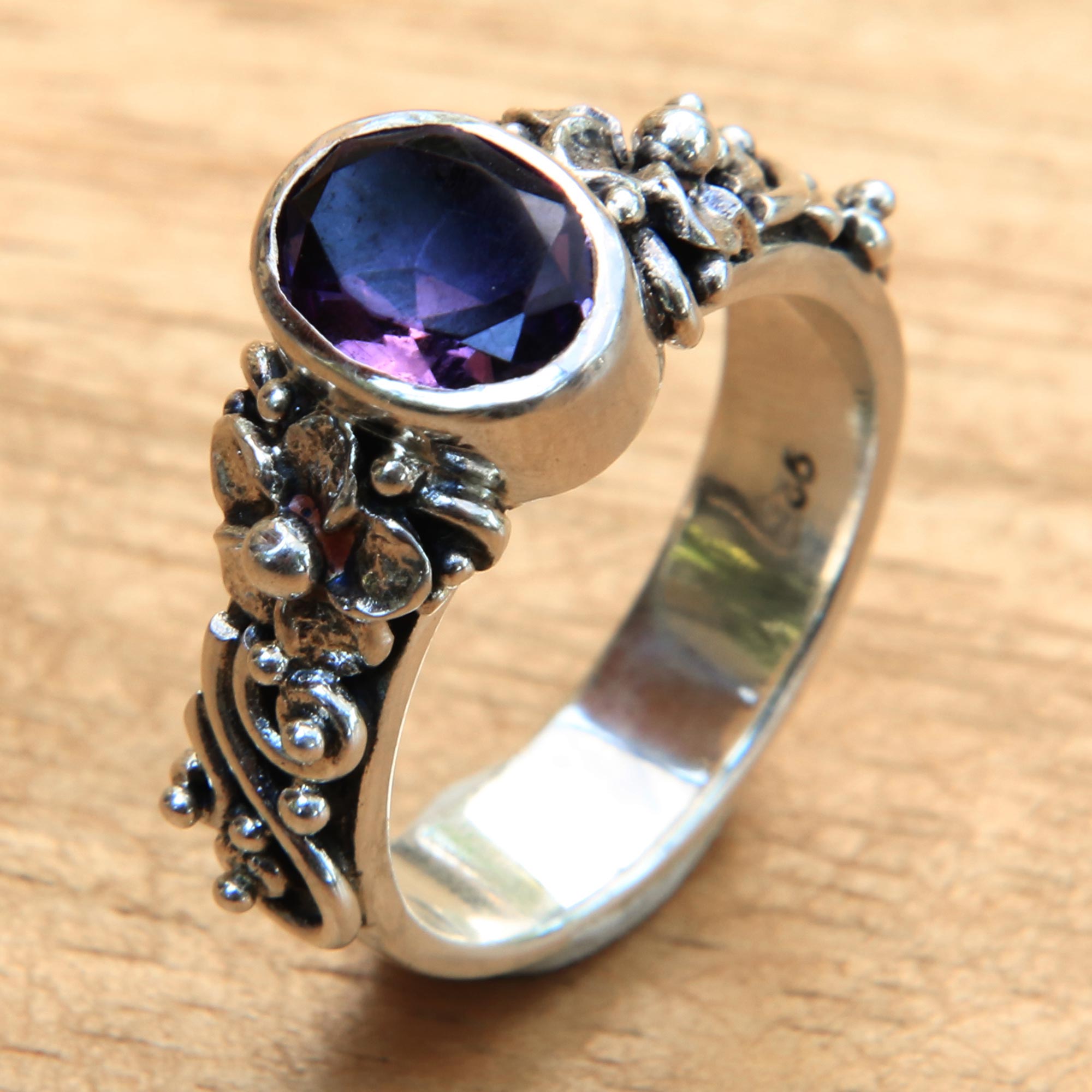 Premium Frangipani Amethyst Silver Ring - Handcrafted Balinese Jewelry